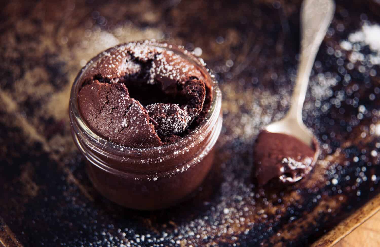 Single Serving of Molten Chocolate Cake Baked in Glass Jar