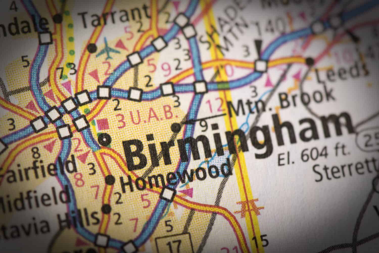 Closeup of Birmingham, Alabama on a road map of the United States.