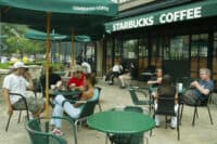 An outdoor patio scene at a Starbucks coffee shop, featuring multiple customers seated at round green tables under large green umbrellas and awnings. The Starbucks logo is prominently displayed on the awnings. People of various ages and ethnicities are seen enjoying coffee, conversing, or looking at their phones. The building behind the patio has large windows and a dark green facade. Trees and a street are visible in the background.
