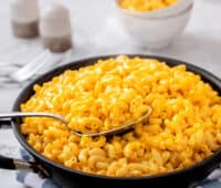 Pan of Mac and Cheese on a marble table