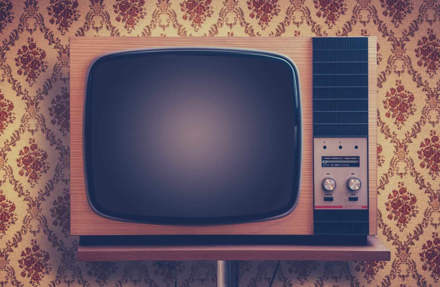 Retro TV In A Room With Ugly 1970s Vintage Wallpaper