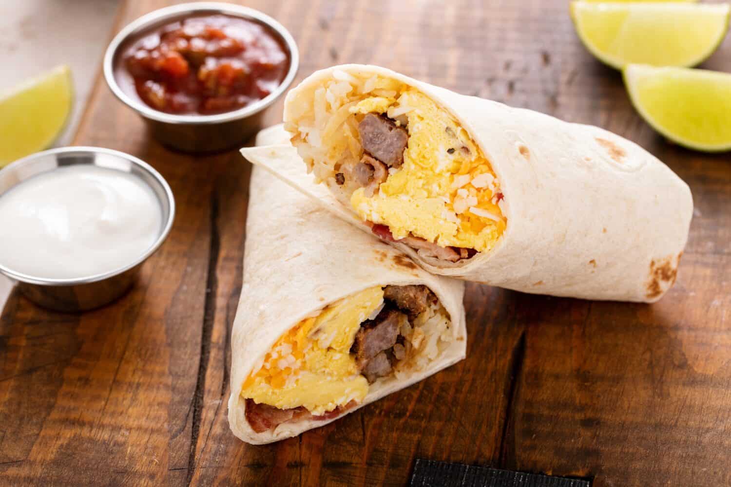 Breakfast burrito with sausage, scrambled eggs, hashbrown potatoes and cheese