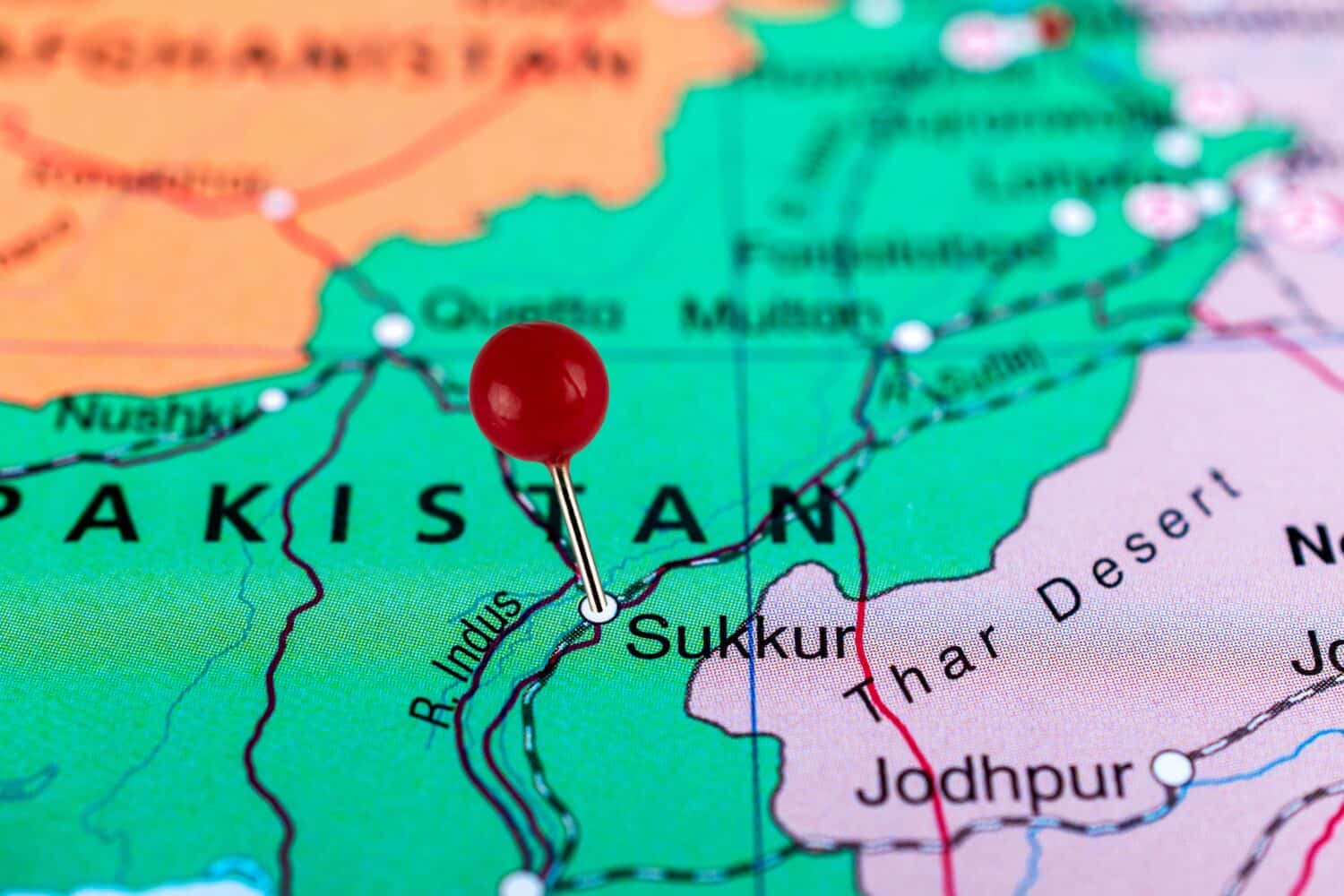 Sukkur pin map. Close up of Sukkur map with red pin. Map with red pin point of Sukkur in Pakistan.