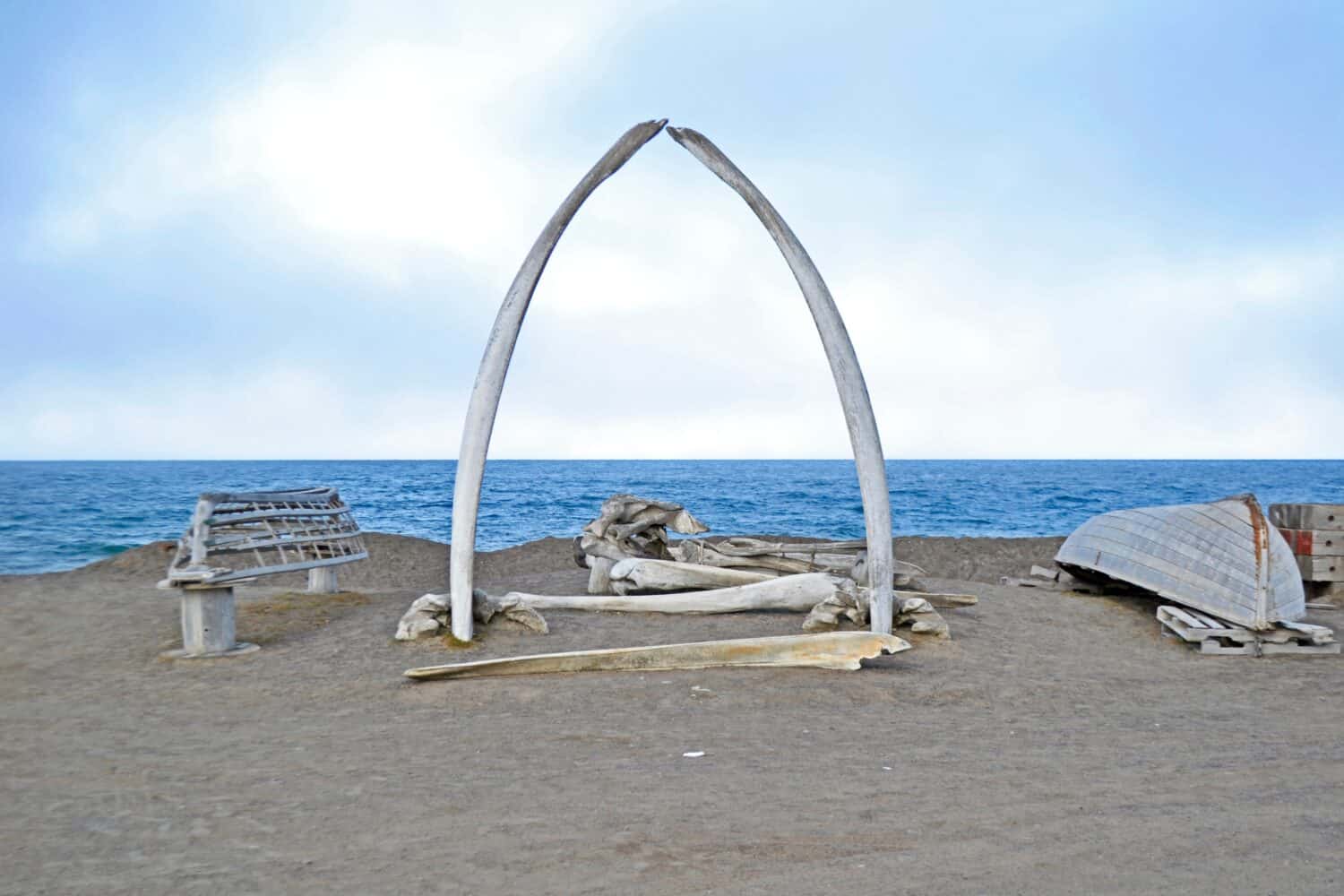 Whale bone arch in Utqiagvik, Alaska at the edge of the Arctic Ocean. Referred to as the "Gateway to the Arctic", it symbolizes the community's relationship to the sea and whaling.