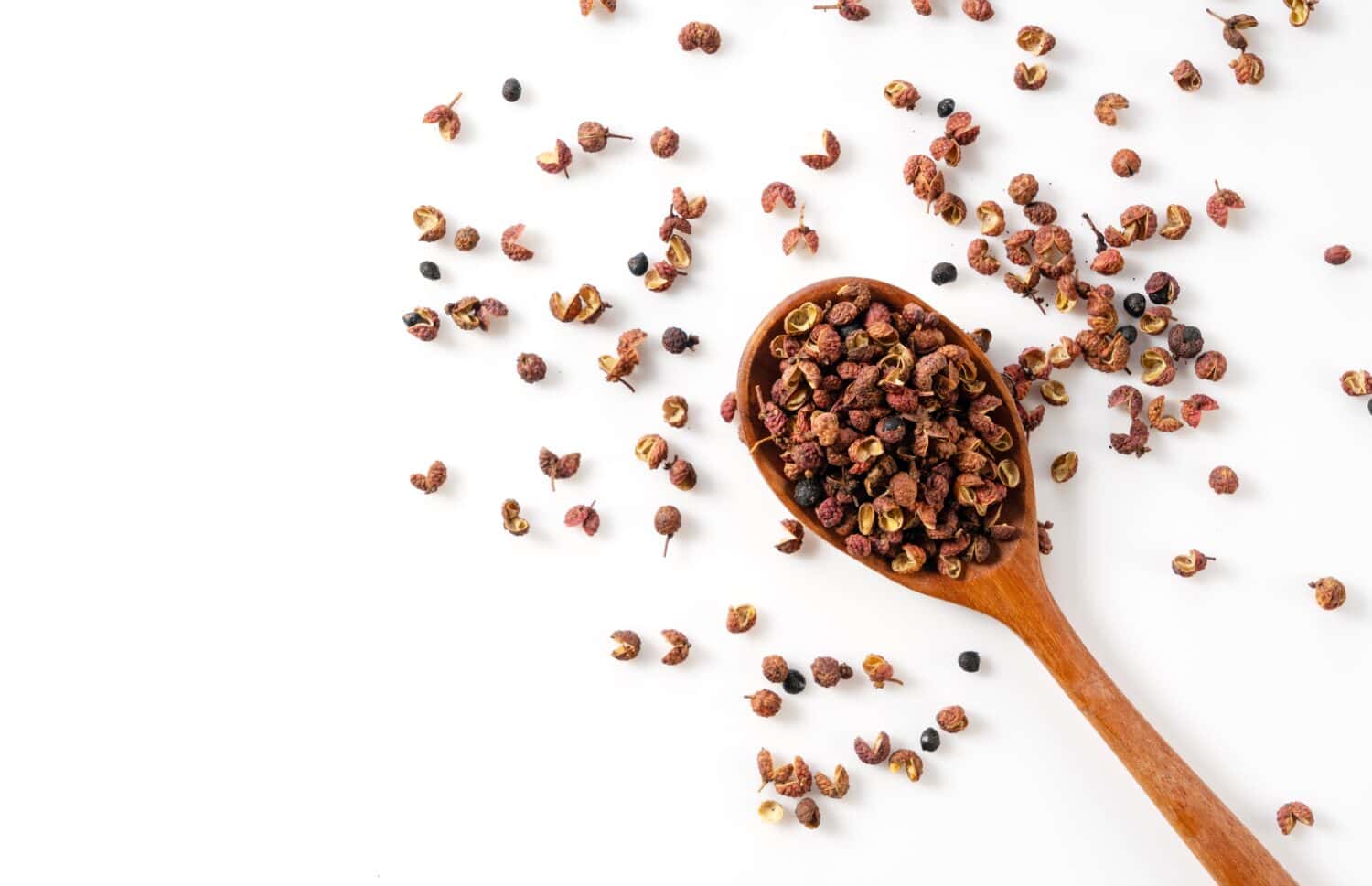 Sichuan pepper and wooden spoon set against a white background. Sichuan pepper is a member of the sansho family used in Chinese cuisine. View from above.