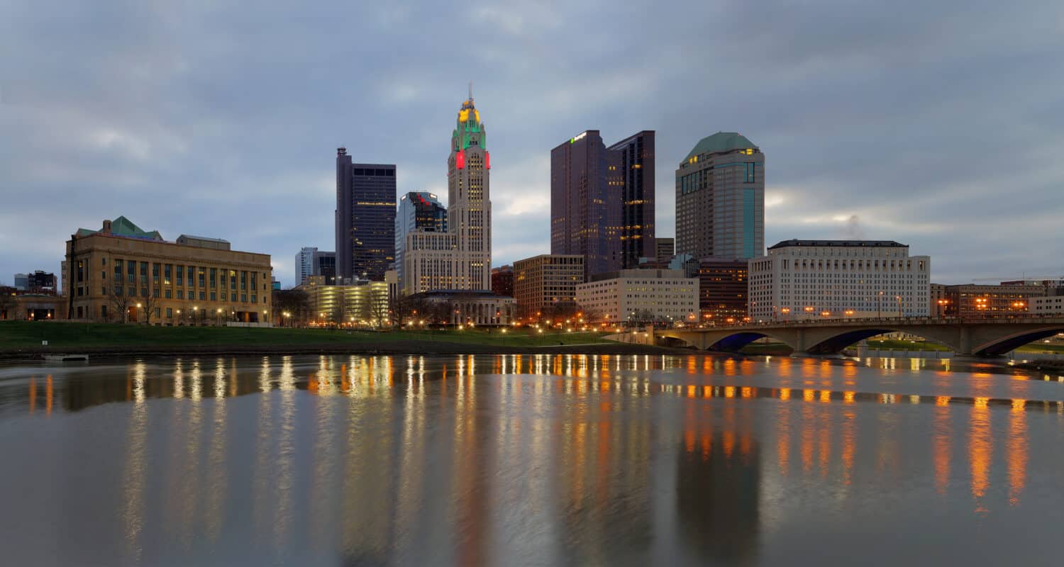 Scioto River and downtown Columbus Ohio skyline panoramic at dawn