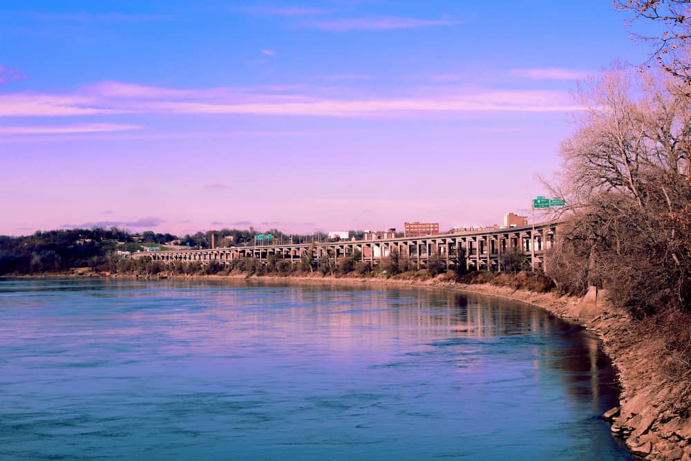 Missouri River Coastline with Double-deck bridge, Saint Joseph, Missouri
