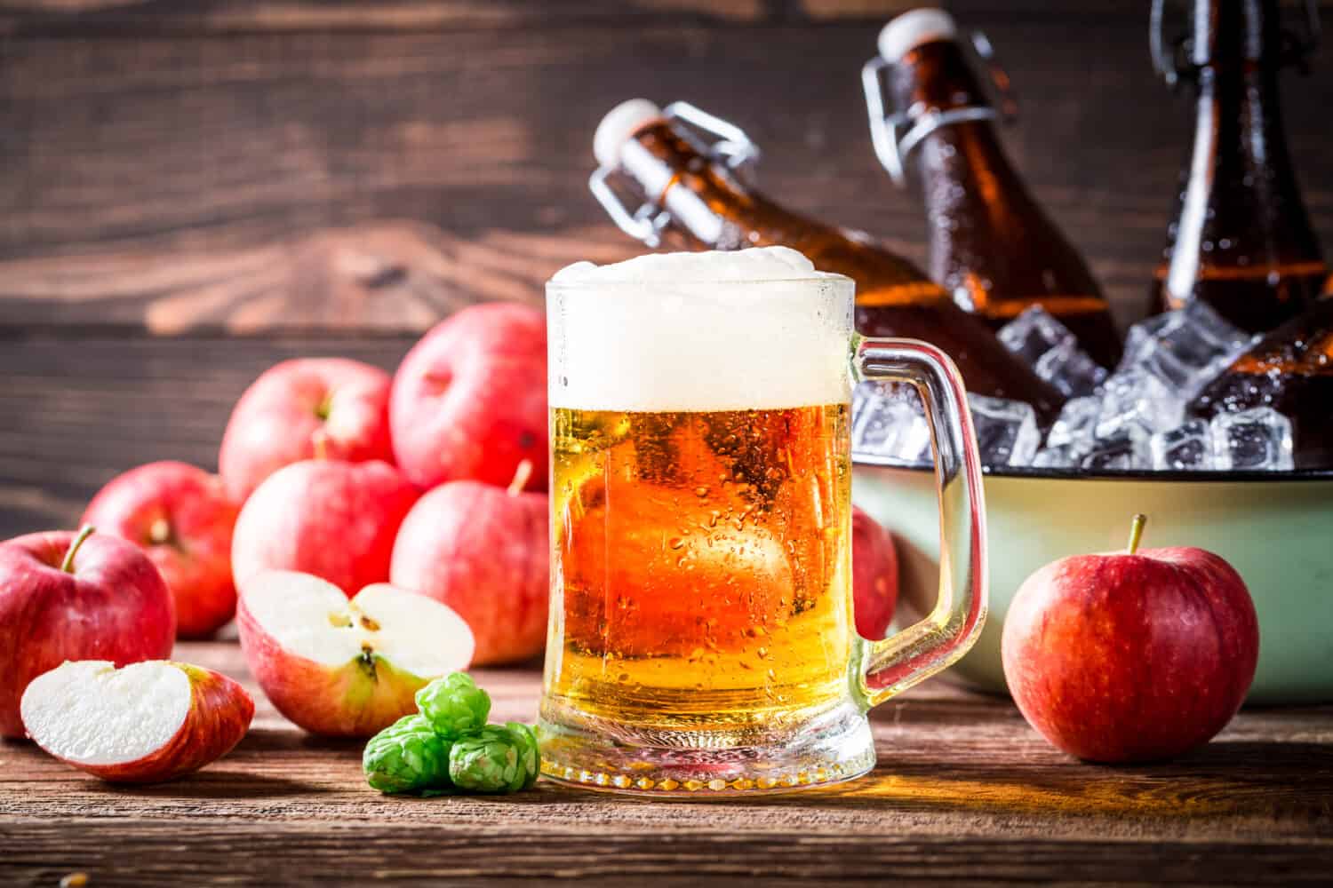 Fresh beer made from red apples and hops
