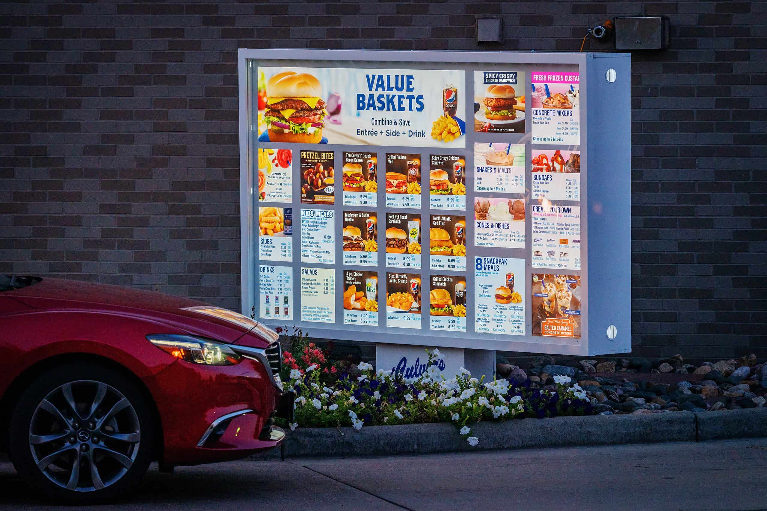 A car at the drive-thru order speaker at a Culver's restaurant in Shakopee, Minnesota