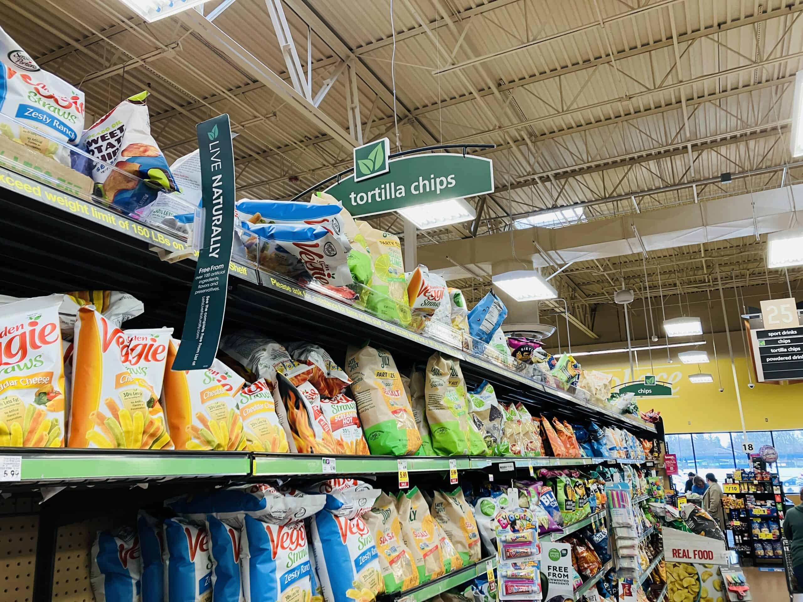 Tortilla chip aisle at a grocery store