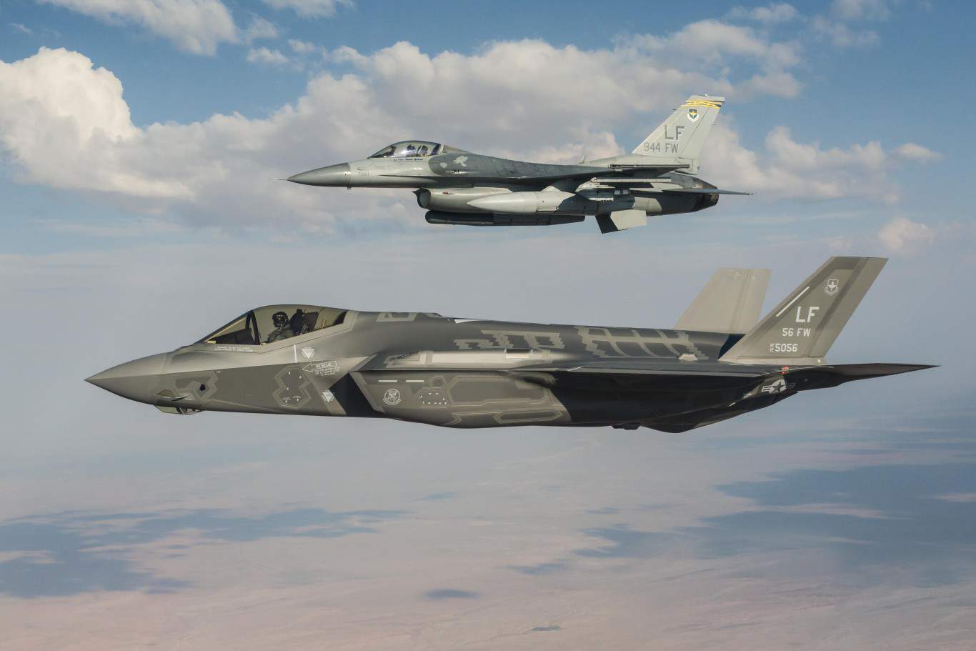 Israel+F-16 | Luke AFB Aerial Shoot with a Lockheed Martin F-35A-2B "Lightning II" (JSF) (s/n 12-5056) and a General Dynamics F-16C Block 42A "Fighting Falcon" (s/n 87-0360)