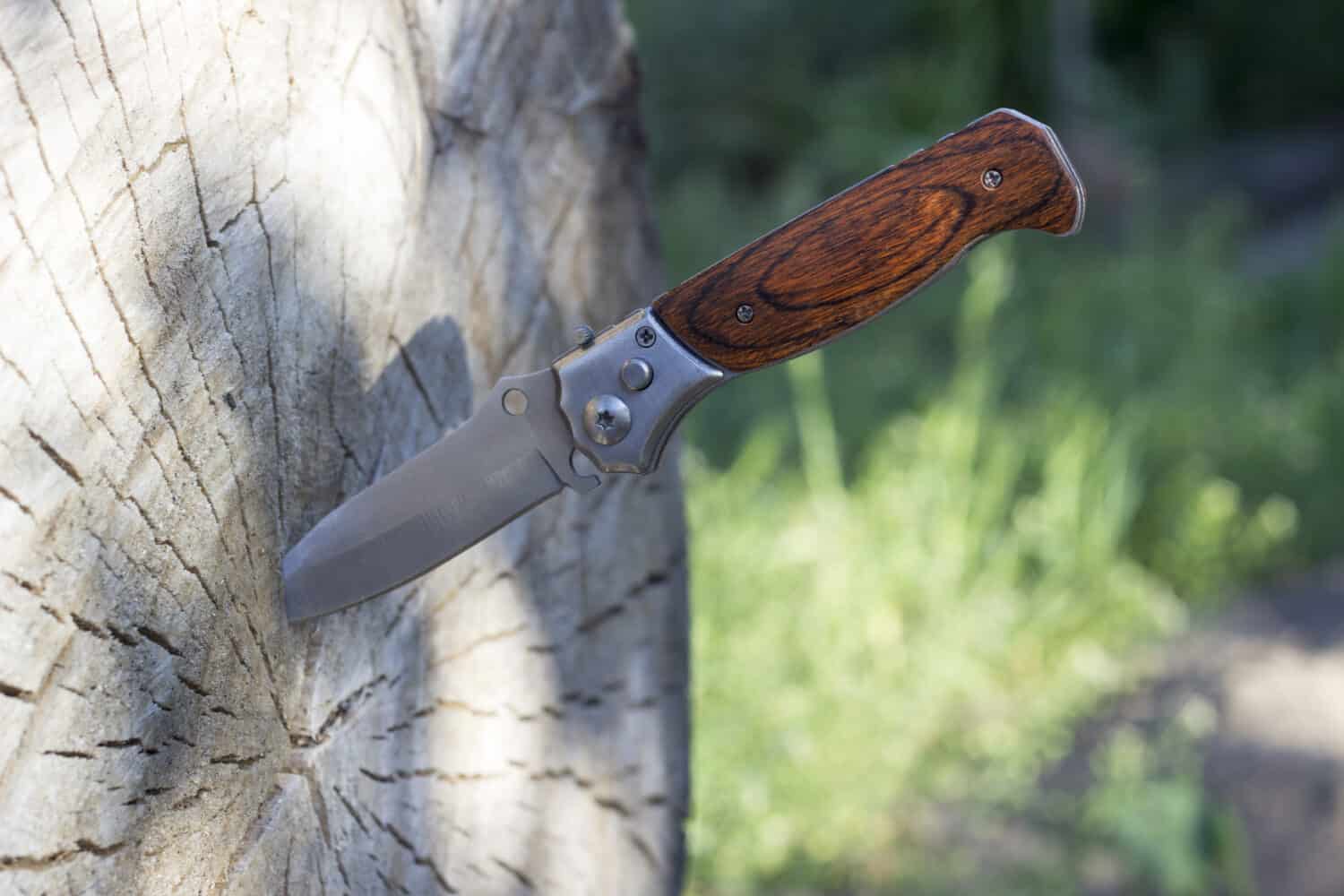 Folding knife stuck in a wooden log, close-up