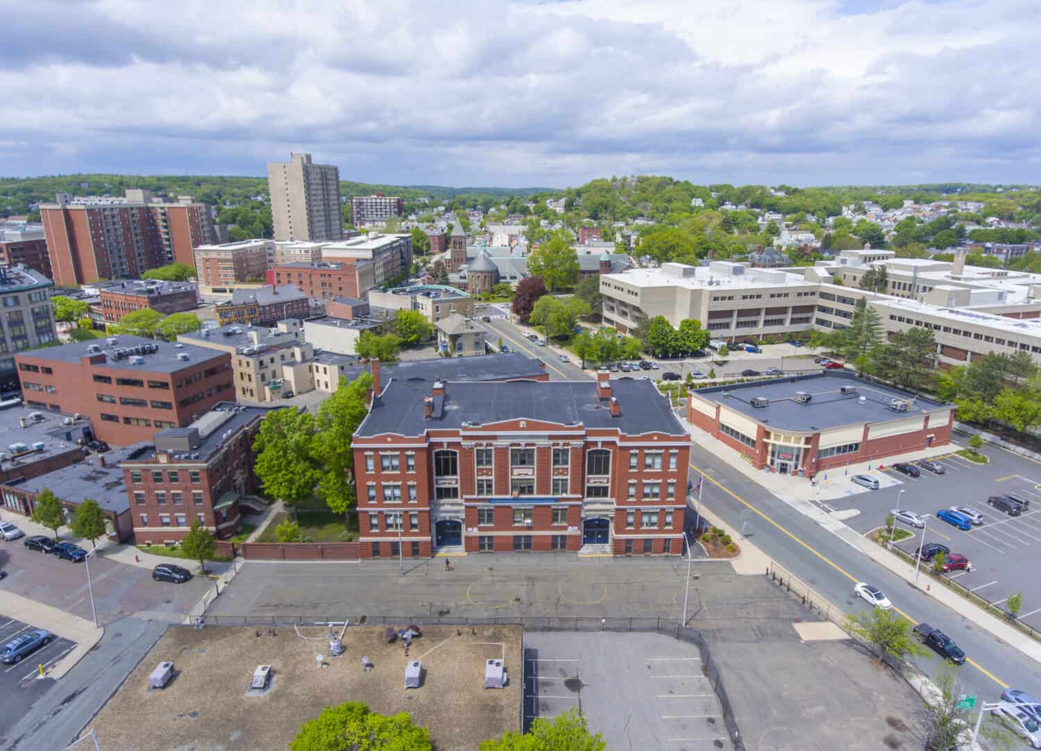 Cheverus School aerial view on Centre Street in downtown Malden, Massachusetts MA, USA.