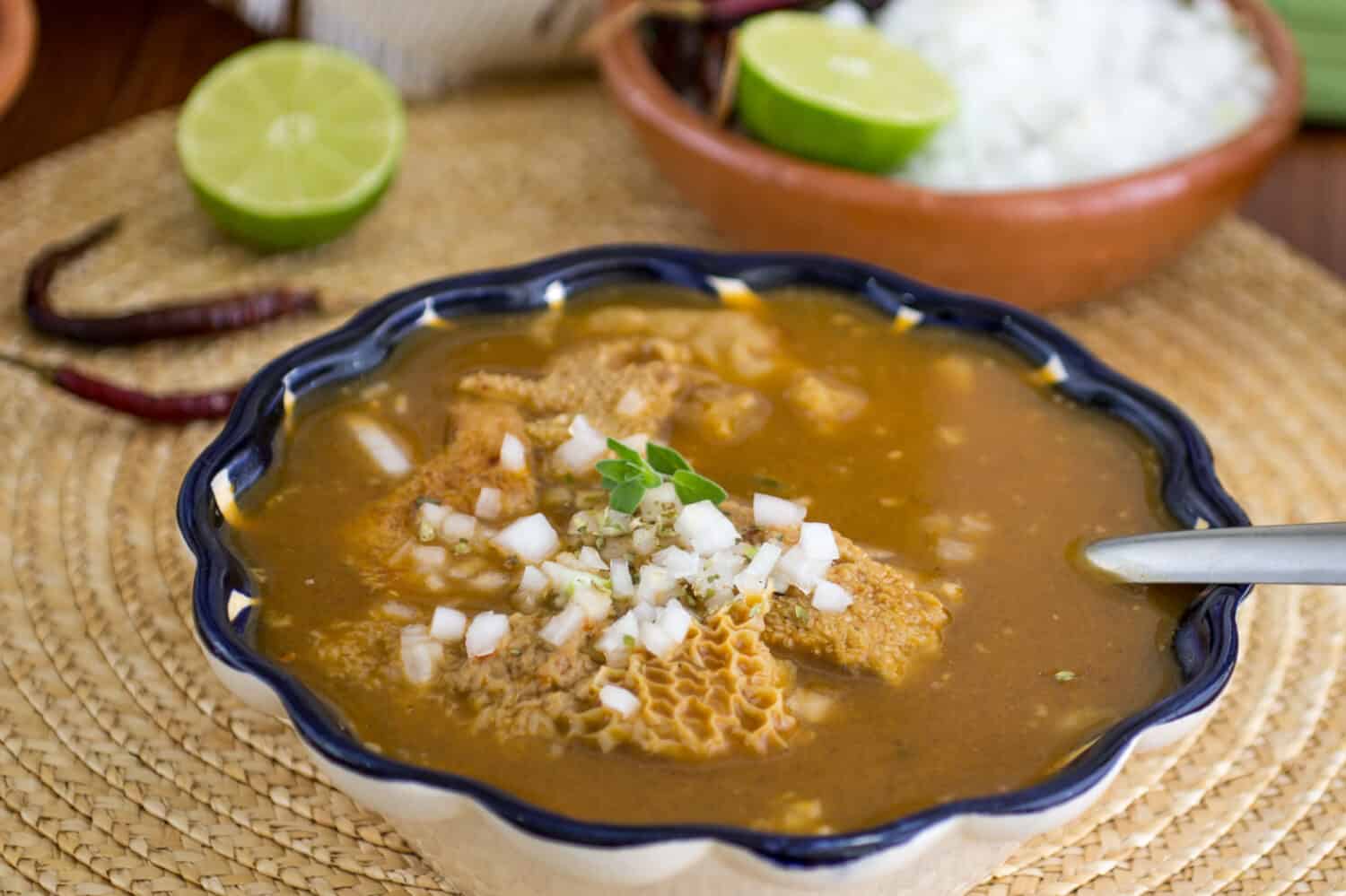 Menudo mexican soup with beef stomach, pancita hot pot