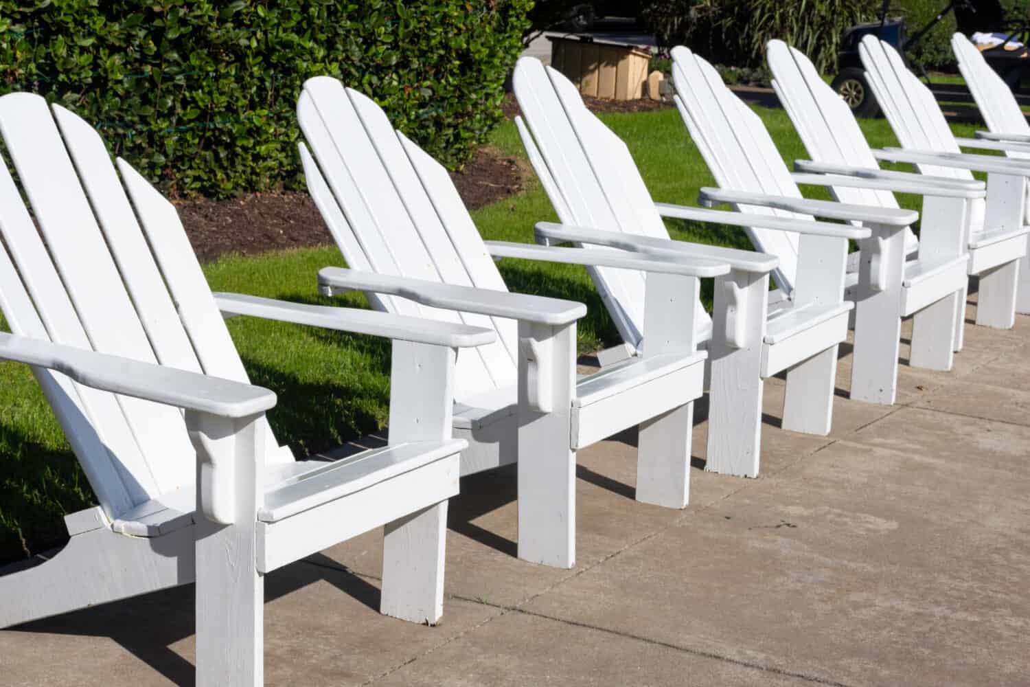 A row of white Muskoka chairs suggests relaxation, wealth, or the country club set.