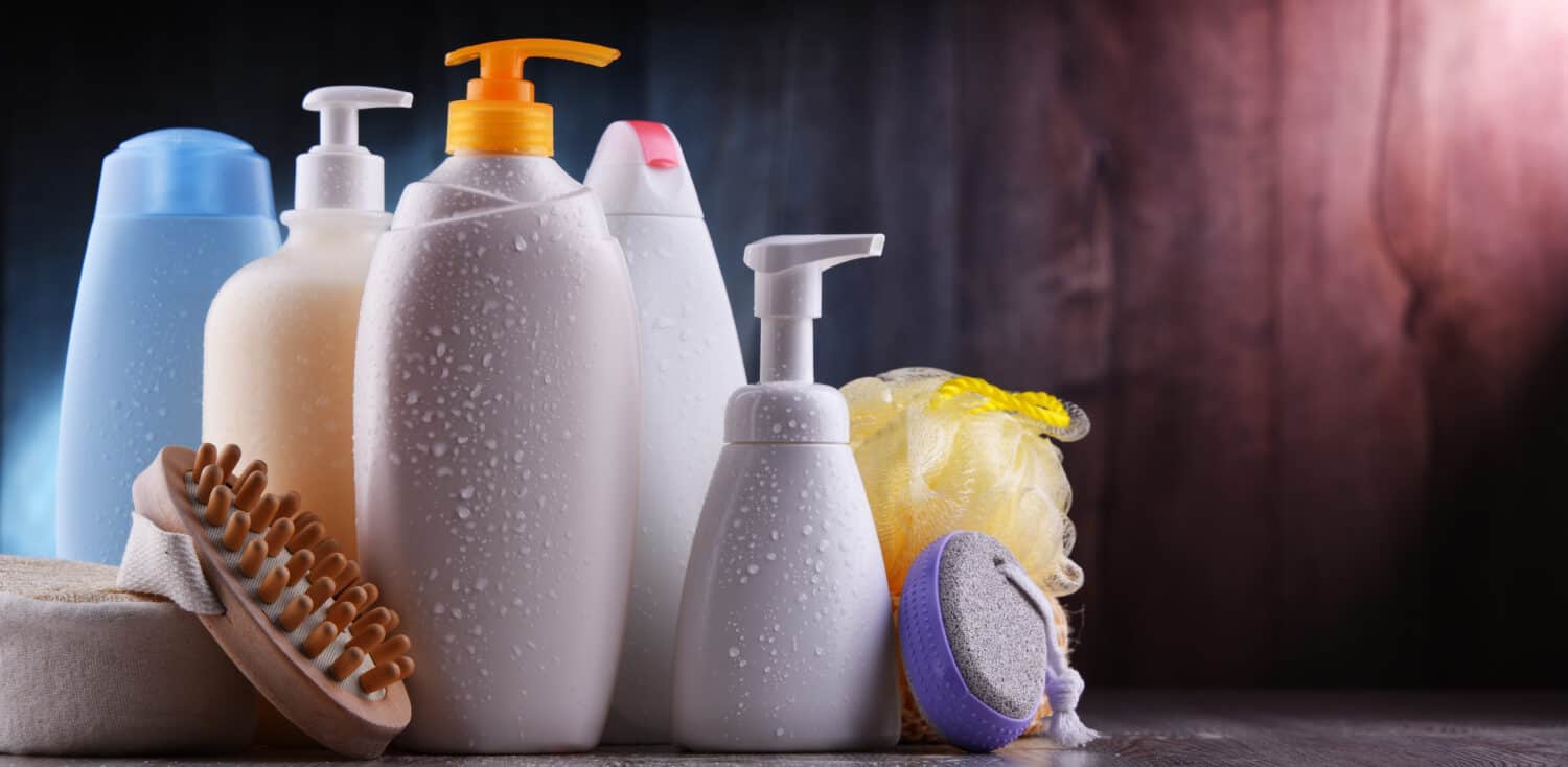 Plastic contaiers of shampoos and shower gels