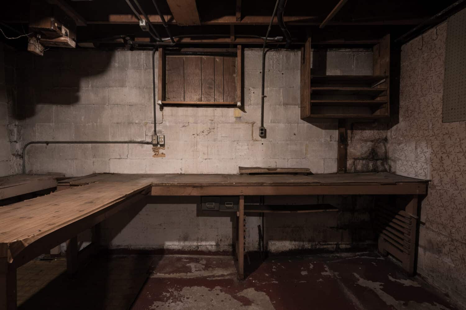 Inside the basement of an old creepy, empty house.  The door to this room had the words "Dark Room" painted on the door.  The room was dimly lit and there was a lot of mold.