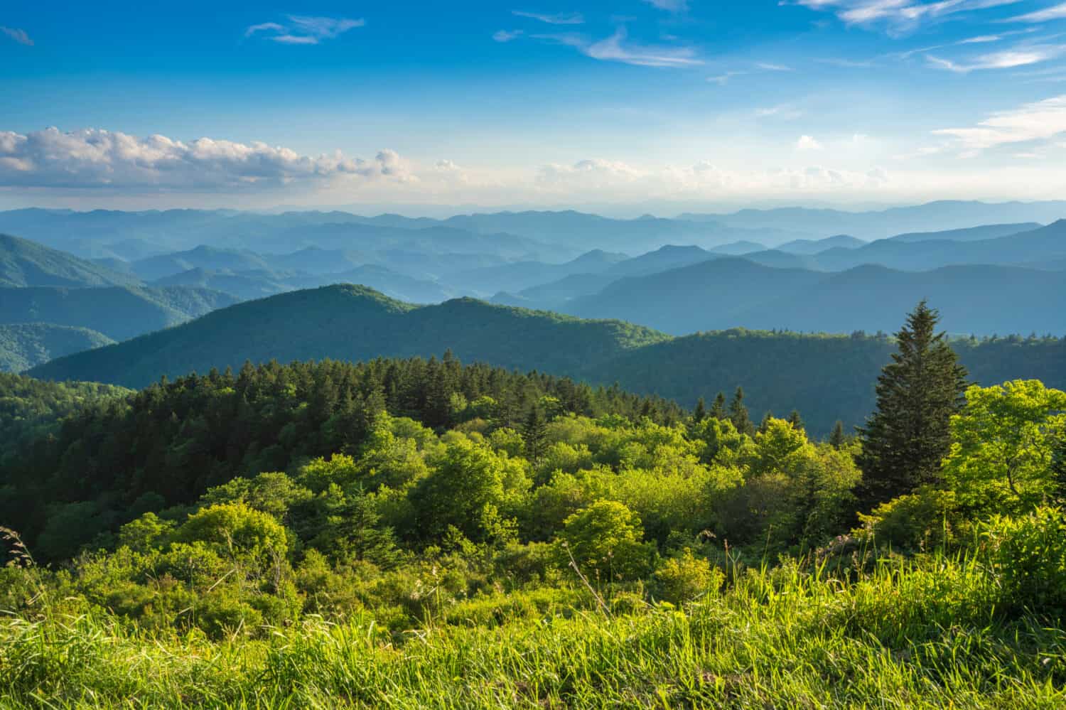 Beautiful summer mountain landscape. Blue sky with clouds over layers of green hills and mountains. Copy space. North Carolina. Blue Ridge Parkway.USA.