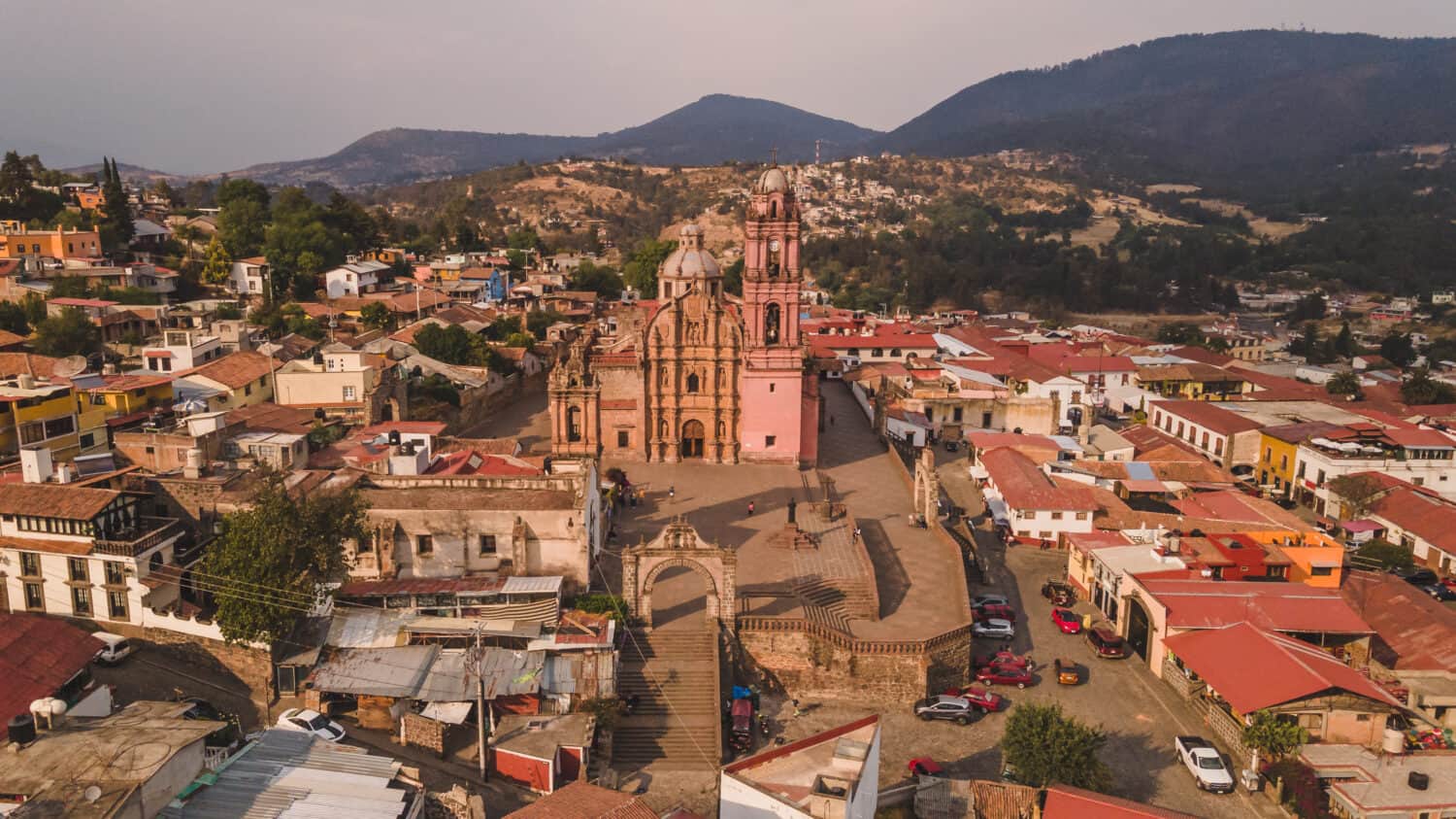 Aerial photos of the historic center of Tlalpujahua, Michoacan, Mexico, as well as its main church