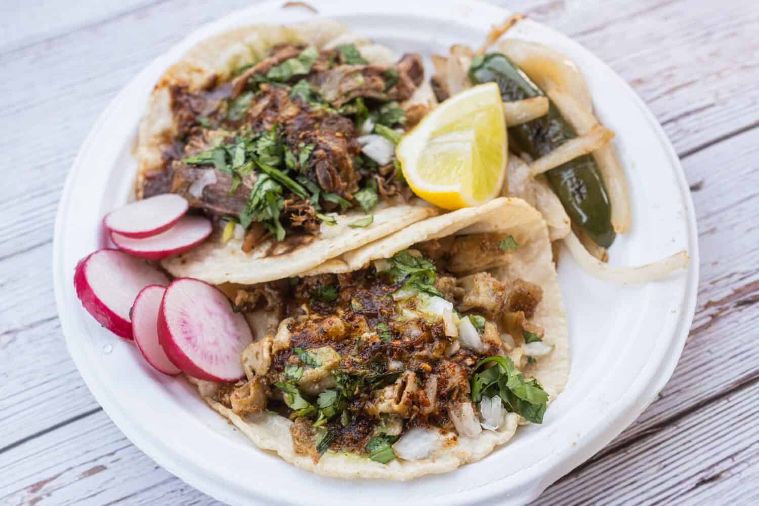 Carnitas and Tripas Tacos with Grilled Onions and Grilled Jalapeño