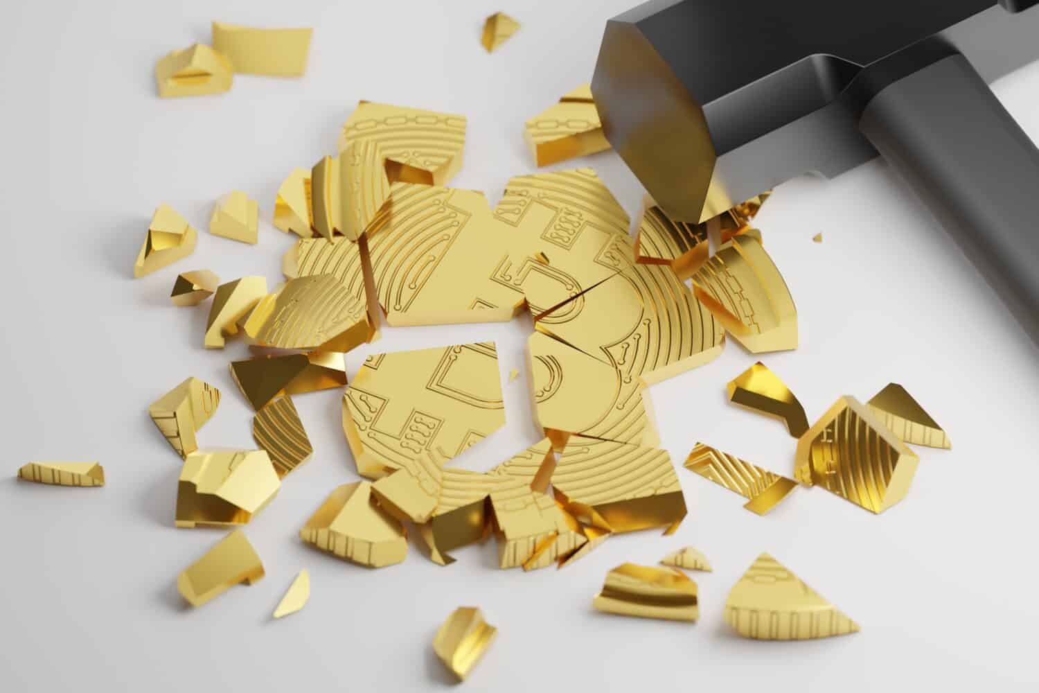 3D rendering gold Bitcoin Break down with hammer fall, Cryptocurrency investment technology digital money crash crisis concept design on white background
