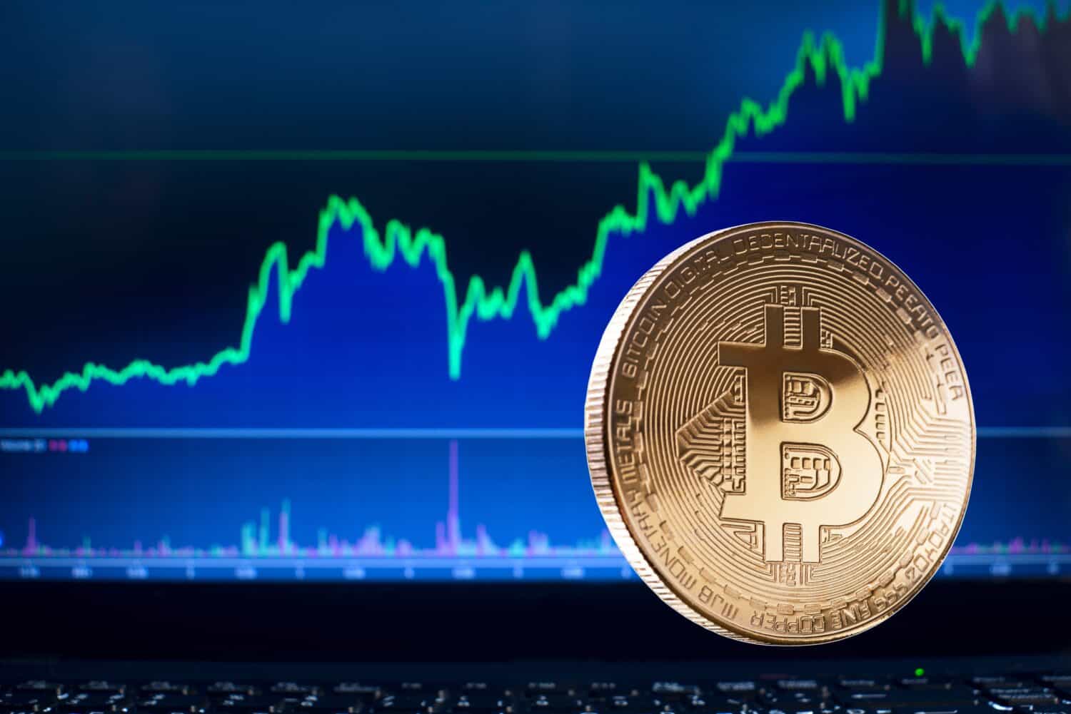 Bitcoin and cryptocurrency investing concept. Bitcoin cryptocurrency coins. Trading on the cryptocurrency exchange. Trends in bitcoin exchange rates. Rise chart of bitcoin and alt coins.