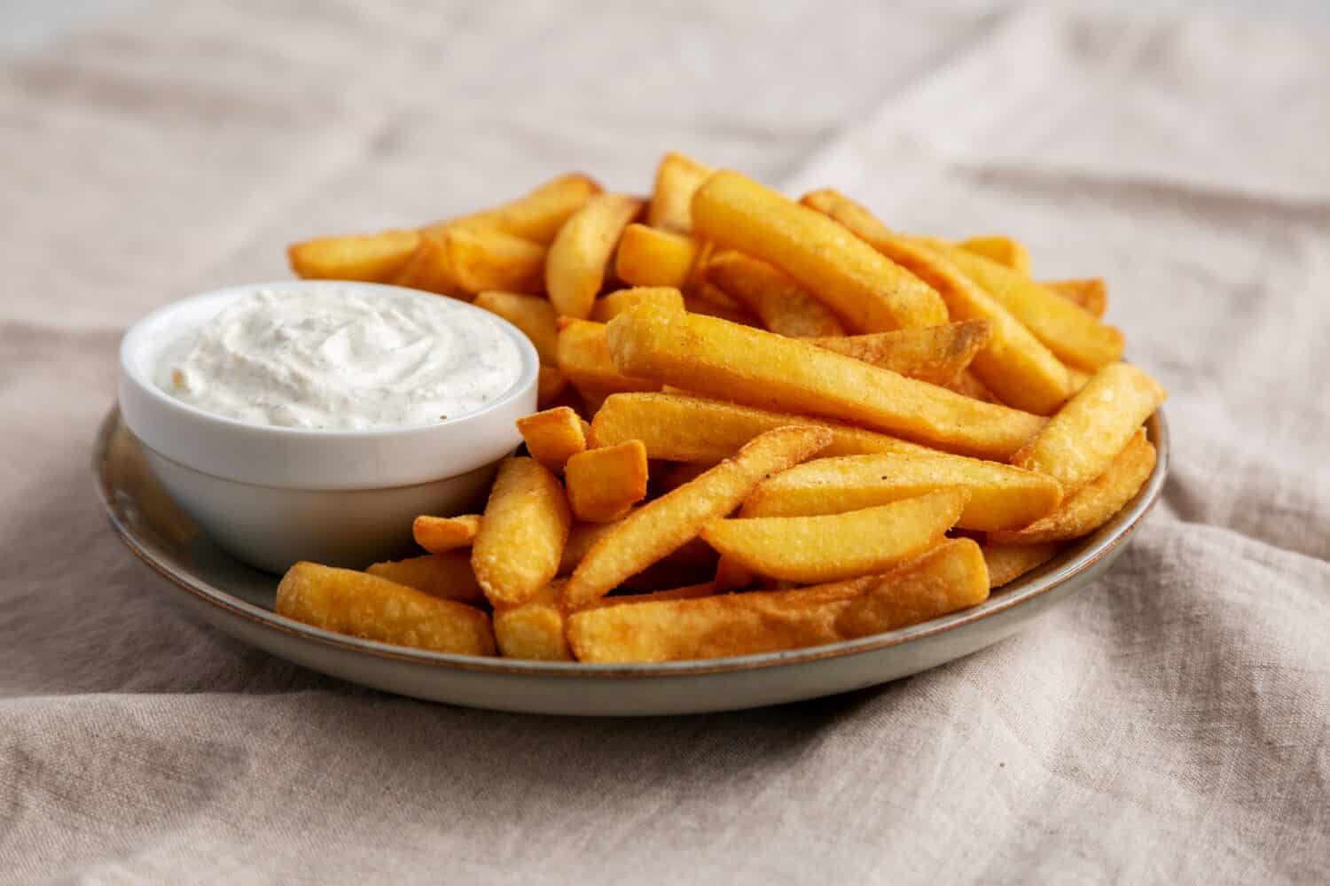Homemade French Fries with Ranch Dressing on a Plate, side view. Close-up.