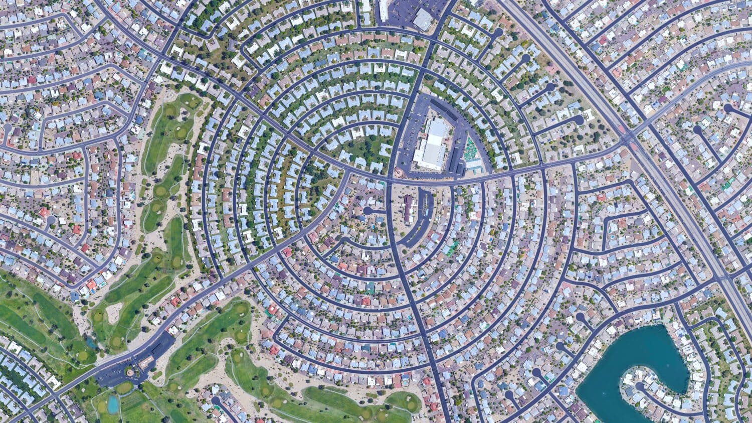 Sun City bird's eye view, a circular shaped suburb of Phoenix, looking down aerial view from above circular city – Arizona, USA