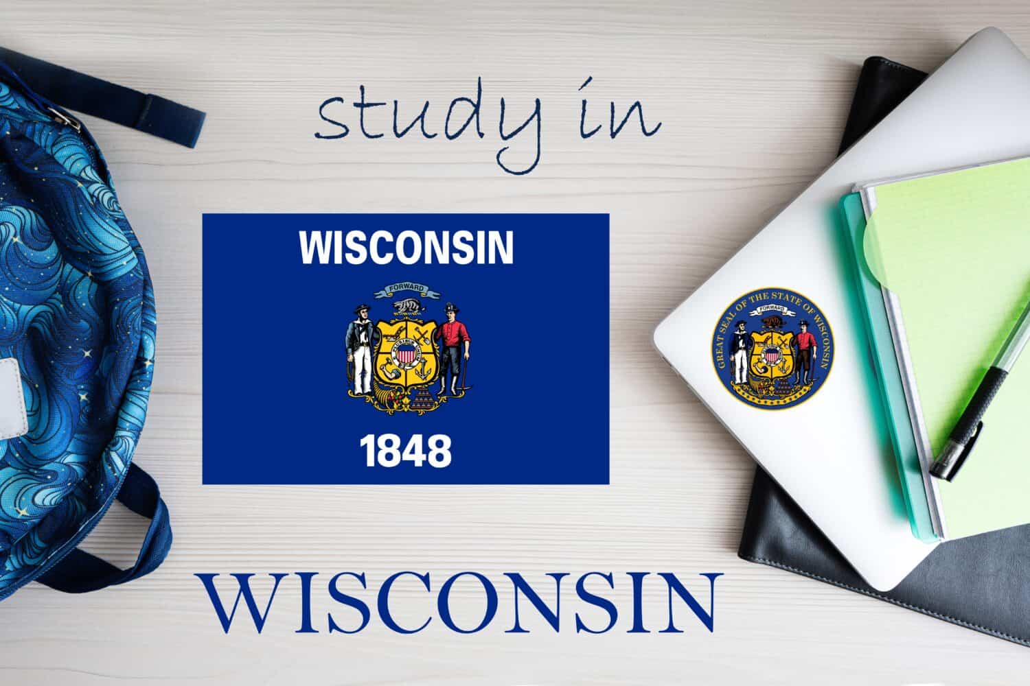 Study in Wisconsin. USA state. US education concept. Learn America concept.