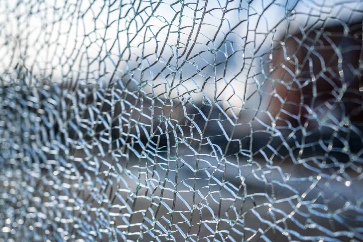 Close up of broken safety glass outside on a port site