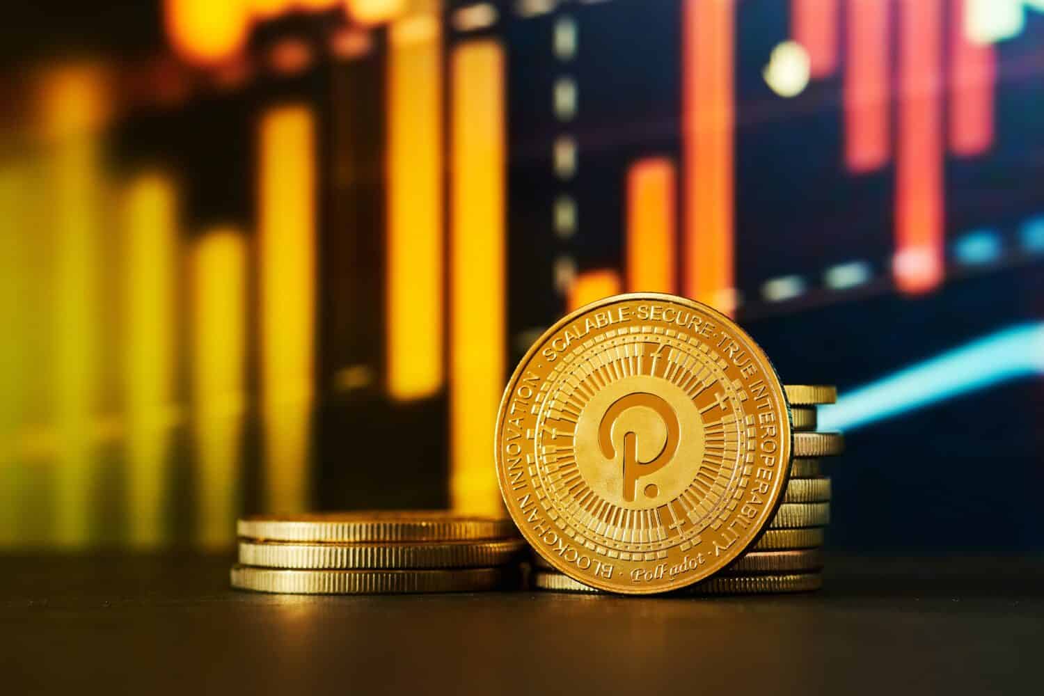 Close up of golden polkadot cryptocurrency with colorful and bullish chart background