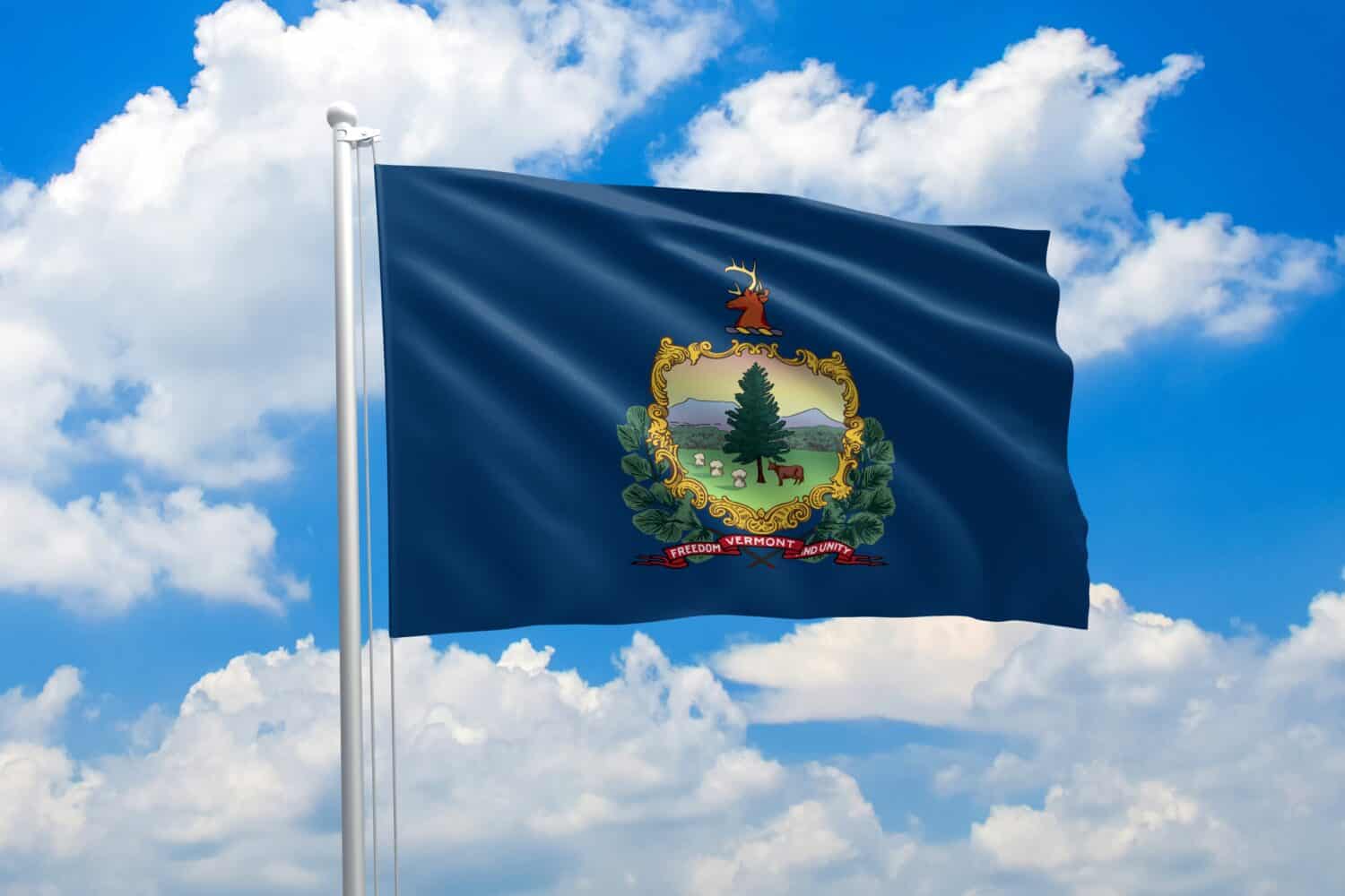 Vermont flag waving in the wind on clouds sky. High quality fabric. International relations concept
