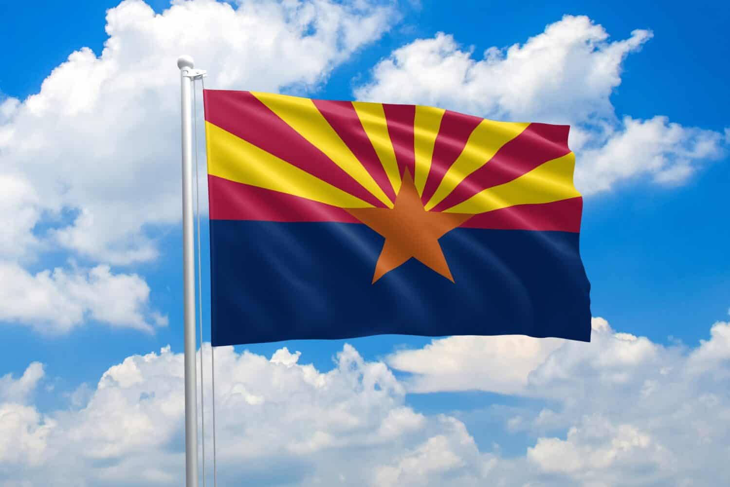 Arizona flag waving in the wind on clouds sky. High quality fabric. International relations concept