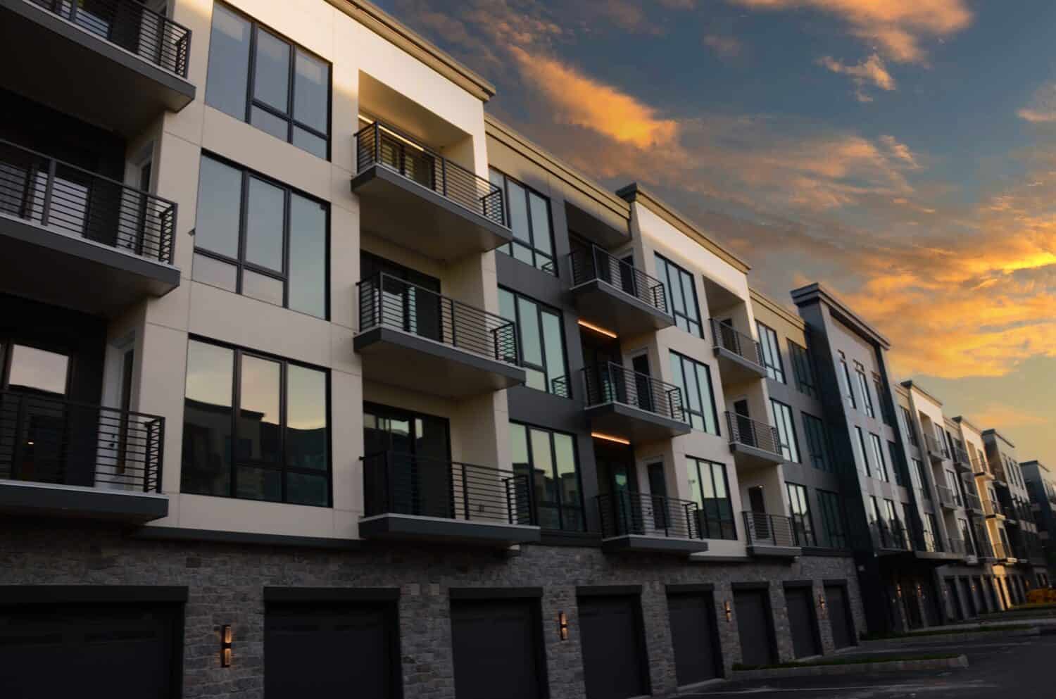 Newly constructed luxury apartment buildings with sophisticated design go up in the Woodbridge township area in New Jersey.