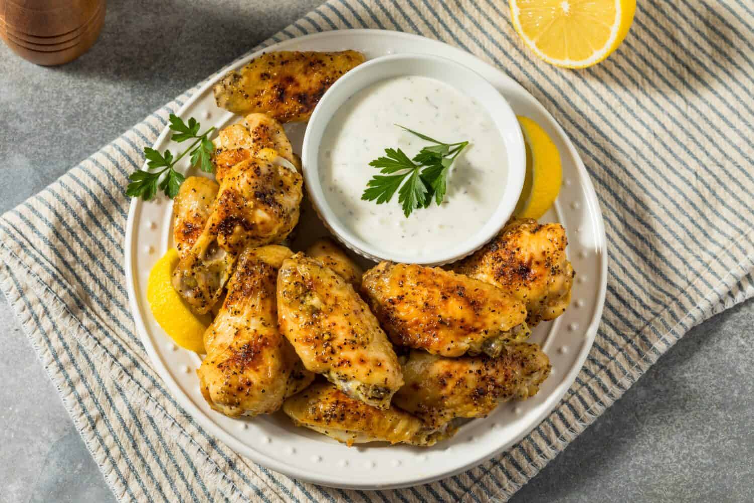 Homemade Spicy Lemon Pepper Chicken Wings with Ranch Dressing