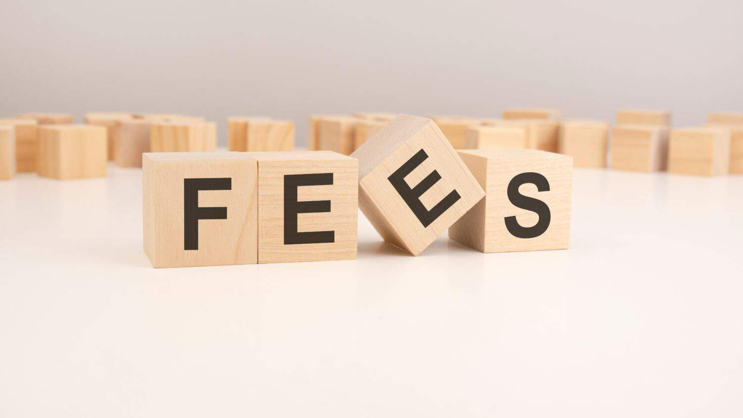 selective focus. word Fees is written on a wooden cubes structure. blocks on a bright background