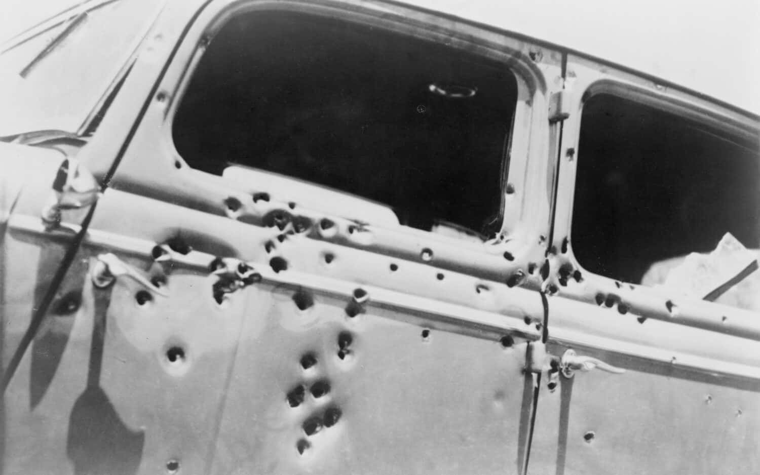 The bullet riddled car in which bank robbers Bonnie and Clyde died at the hands of Texas Rangers and Louisana police at Gibsland, Louisiana on May 23, 1934.