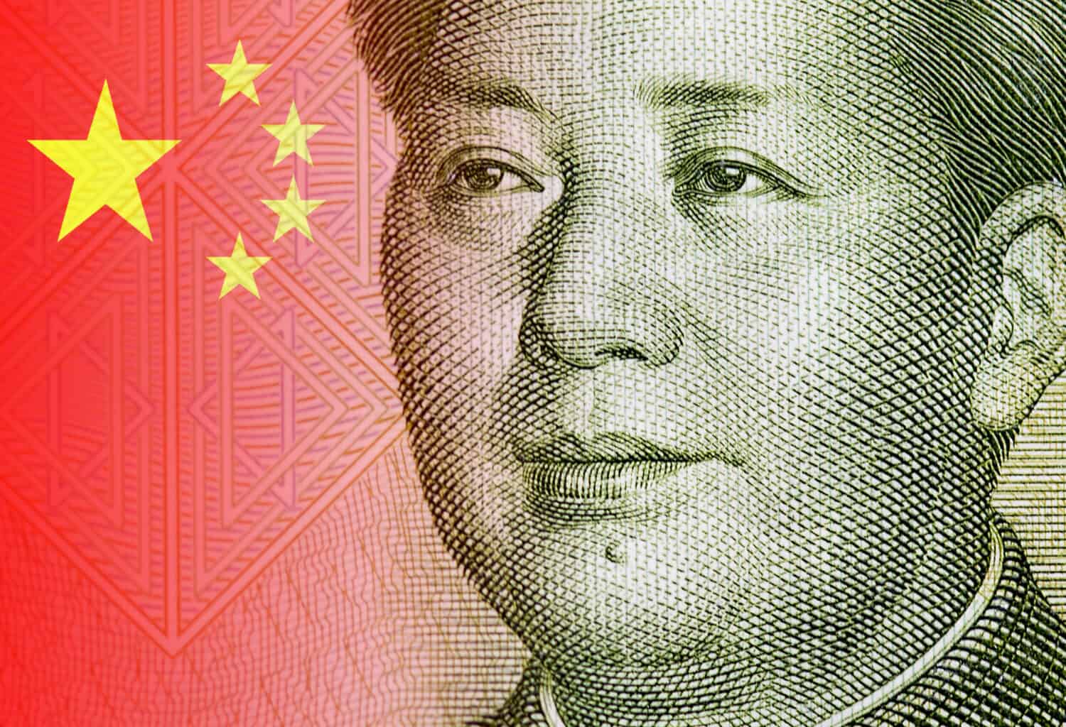 Close-up portrait of Mao Zedong, portrait of the chairman Mao and detail of Chinese flag