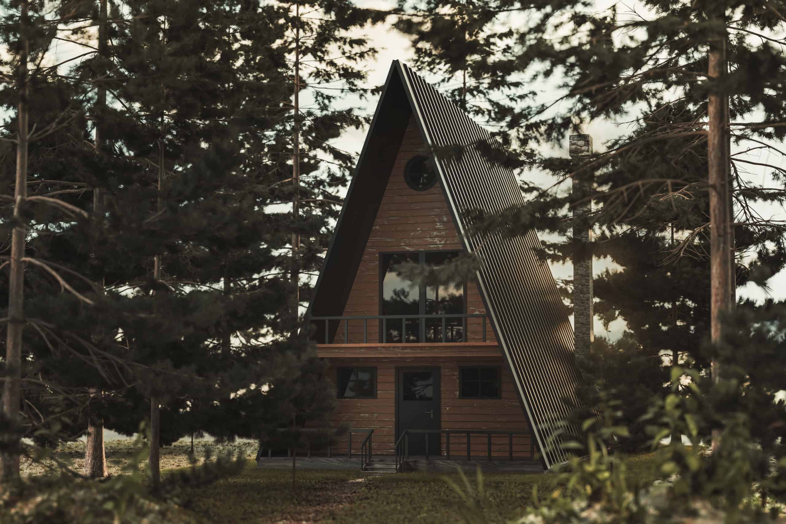 3d rendering of A-frame wooden cabin in forest of pine trees
