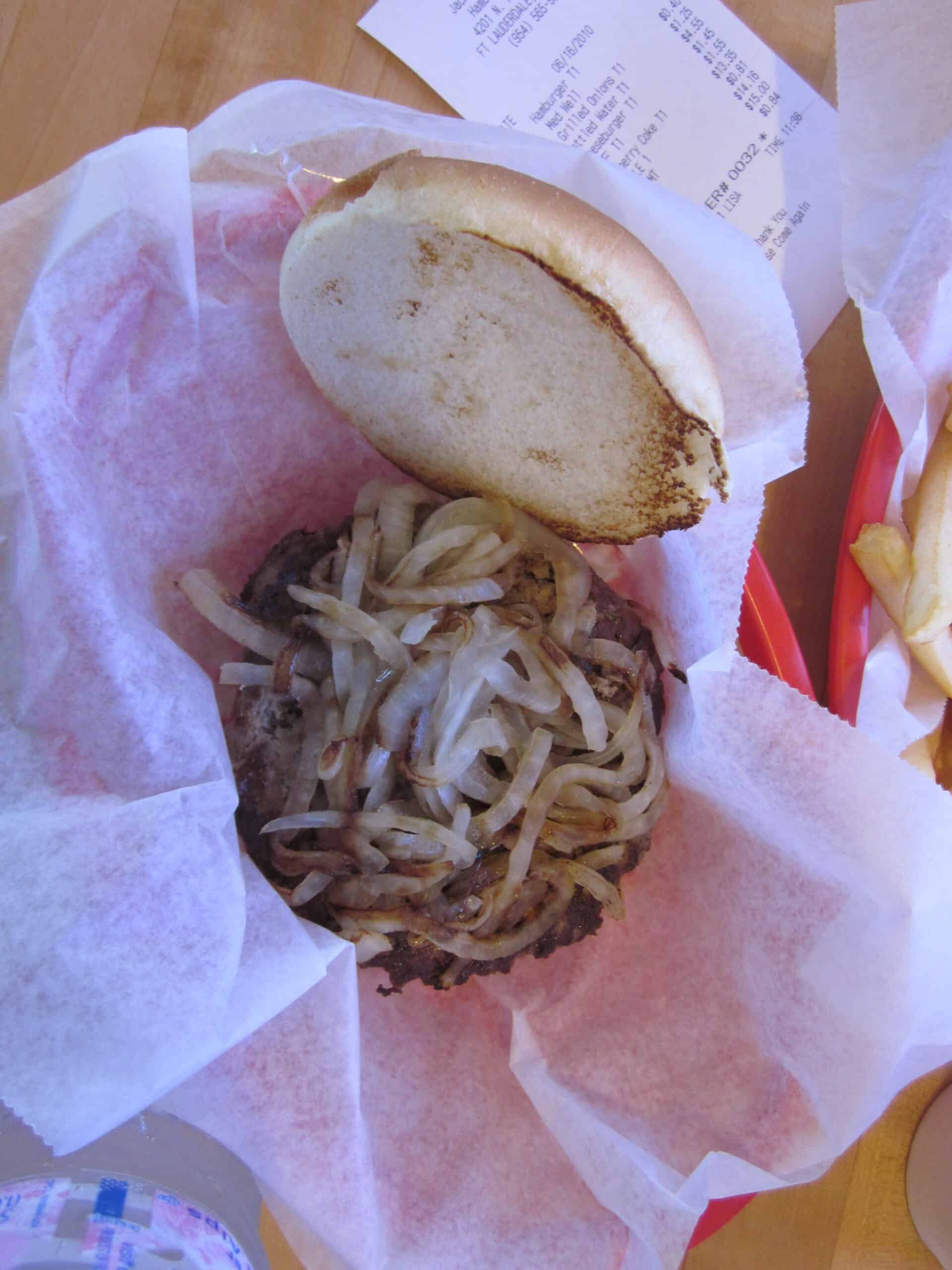 Hamburger with grilled onions, Jack's restaurant, Fort Lauderdale, Florida