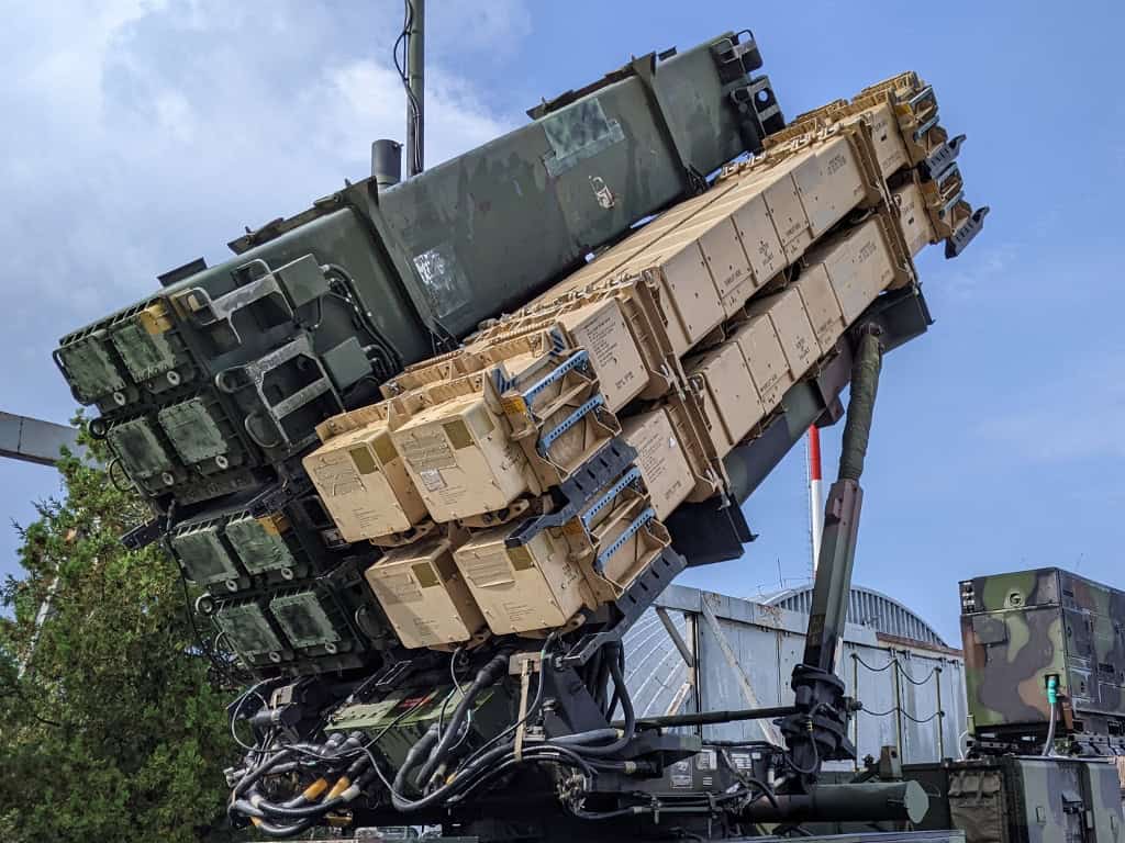 U.S. Army Patriot launching station with two PAC-3 PATRIOT containers and one PAC-3 MSE container mounted on static display at Slovac International Airfest, Malacky Air Base, September 2022