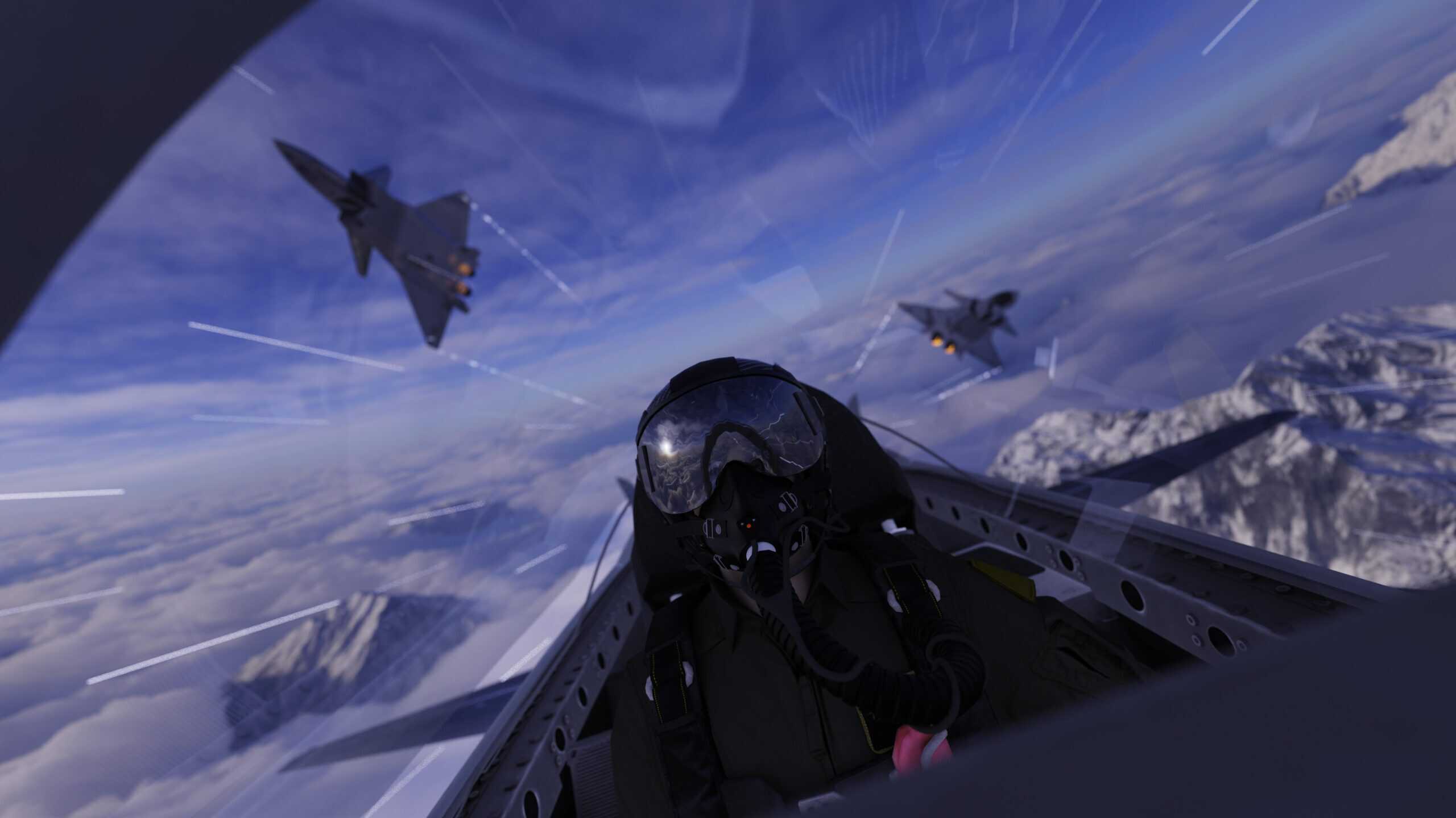 Air Force: Captain | Two chinese jet flying over pilot in cockpit 3d render dogfight scene