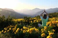 Seattle WA people | Woman in yoga pose meditating in meadows among Sunflowers.