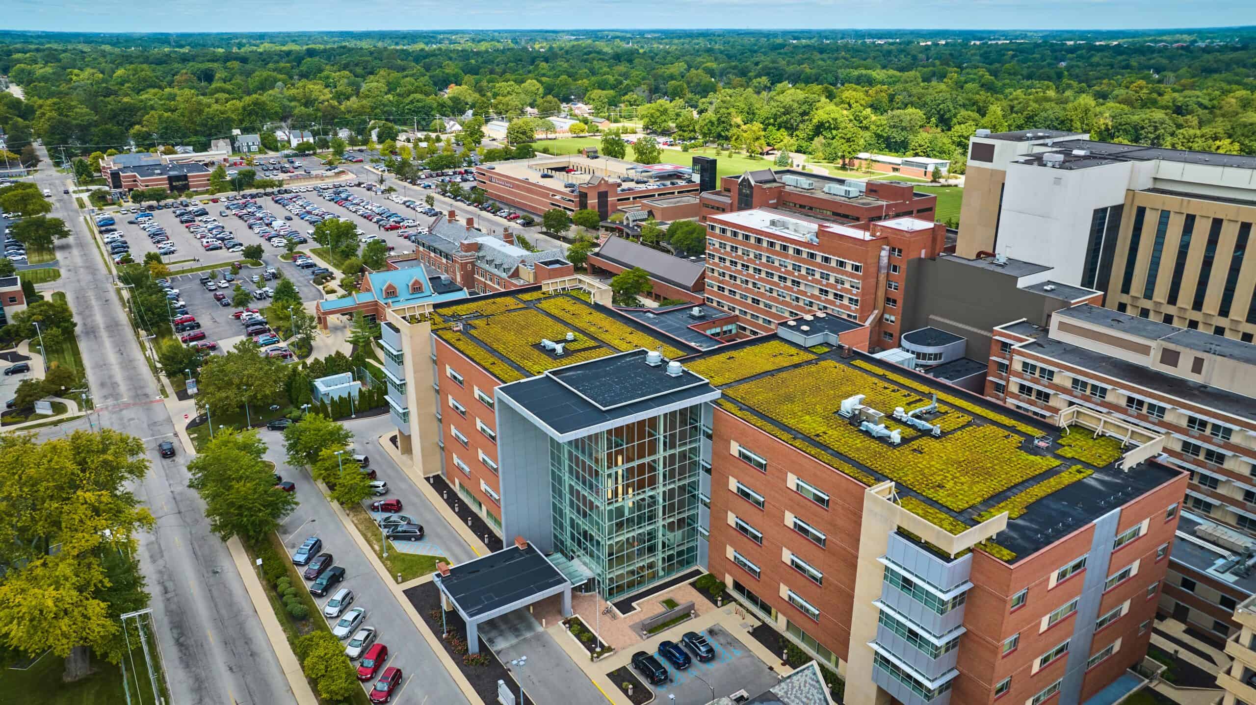 Muncie, IN | Green rooftop building Ball State University, Muncie IN aerial