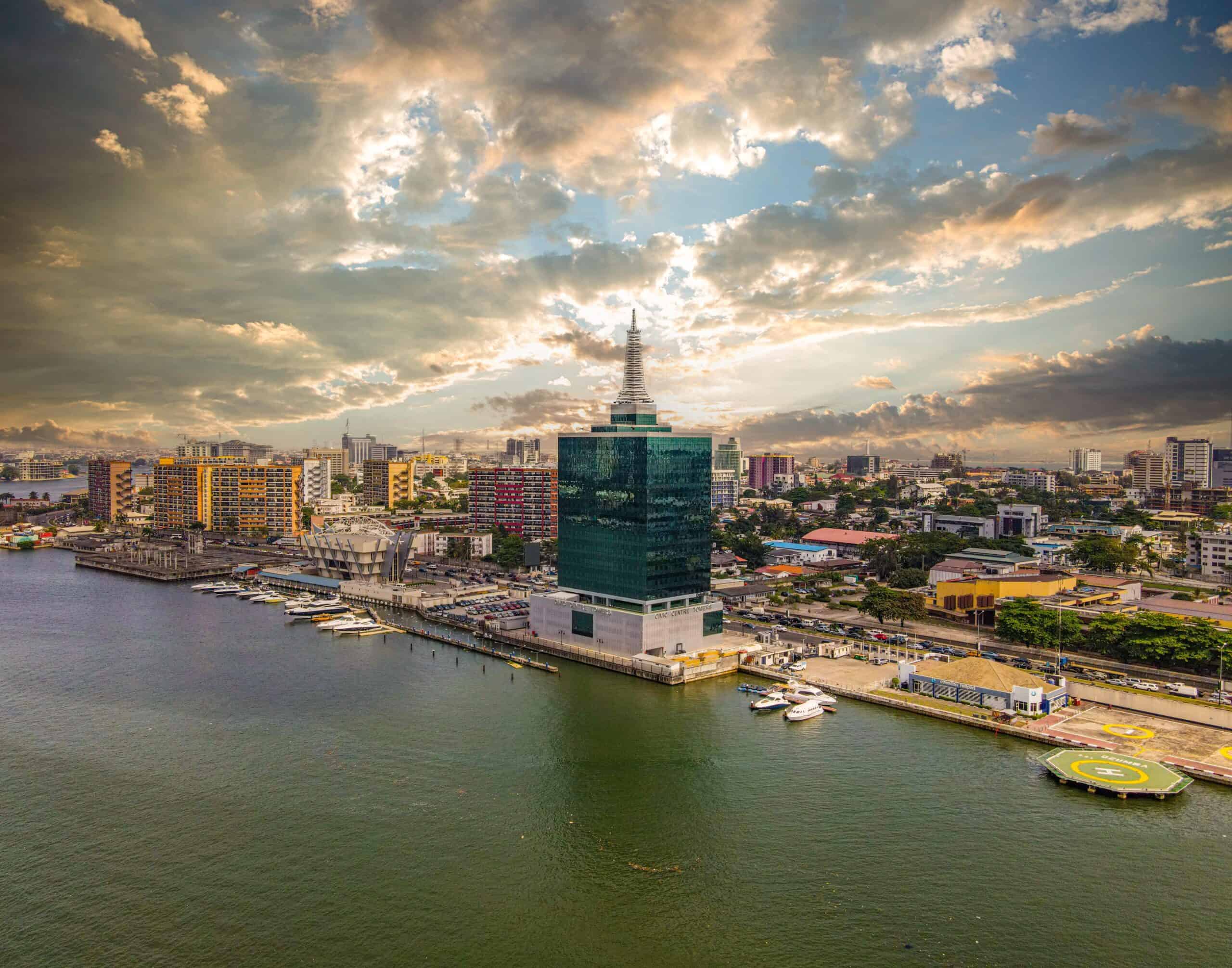Nigeria | An aerial image of the shores of Victoria Island, Lagos