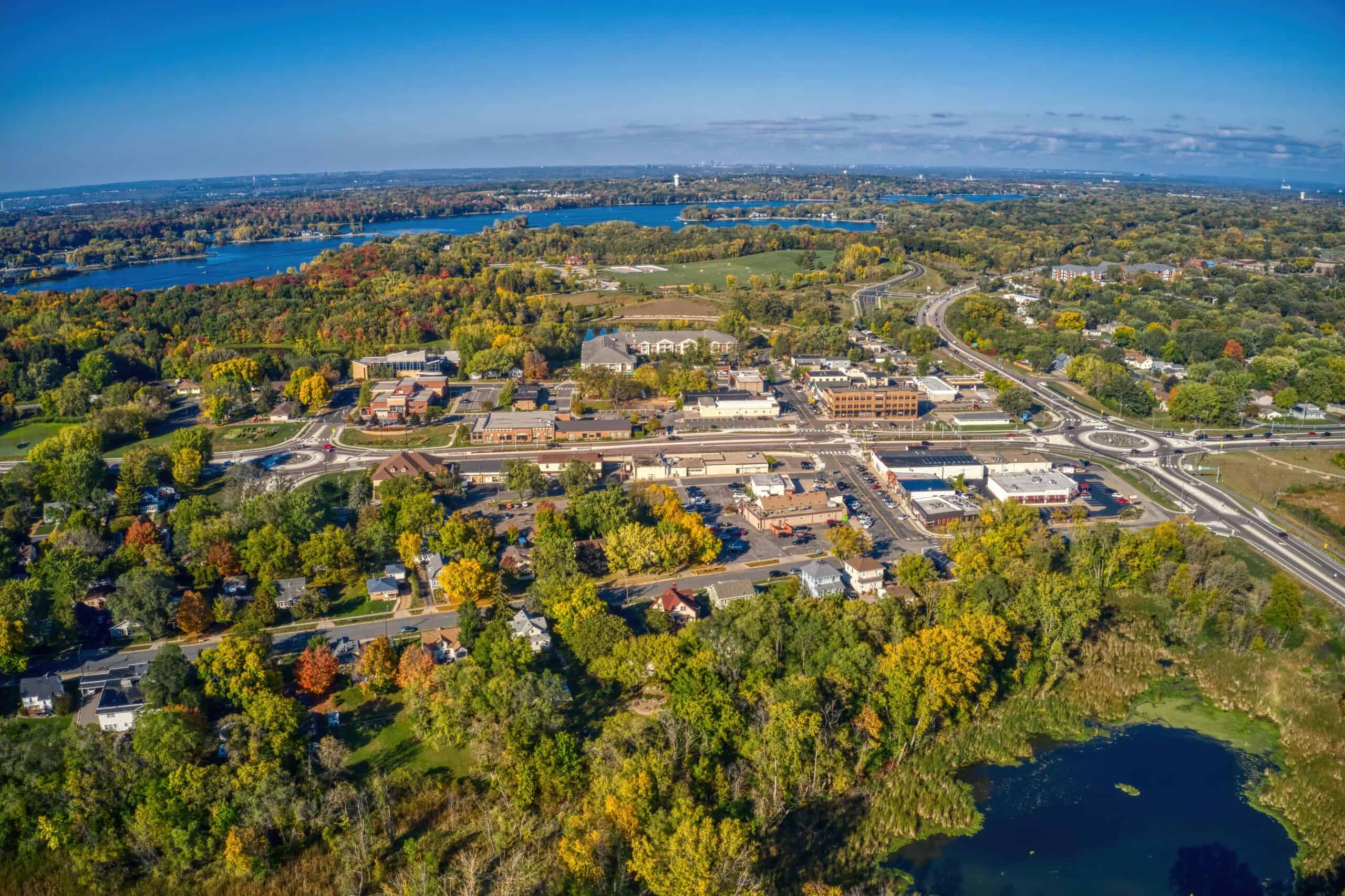 Prior Lake, Minnesota | Aerial view of the Twin Cities Suburb of Prior Lake under a clear sky in Minnesota