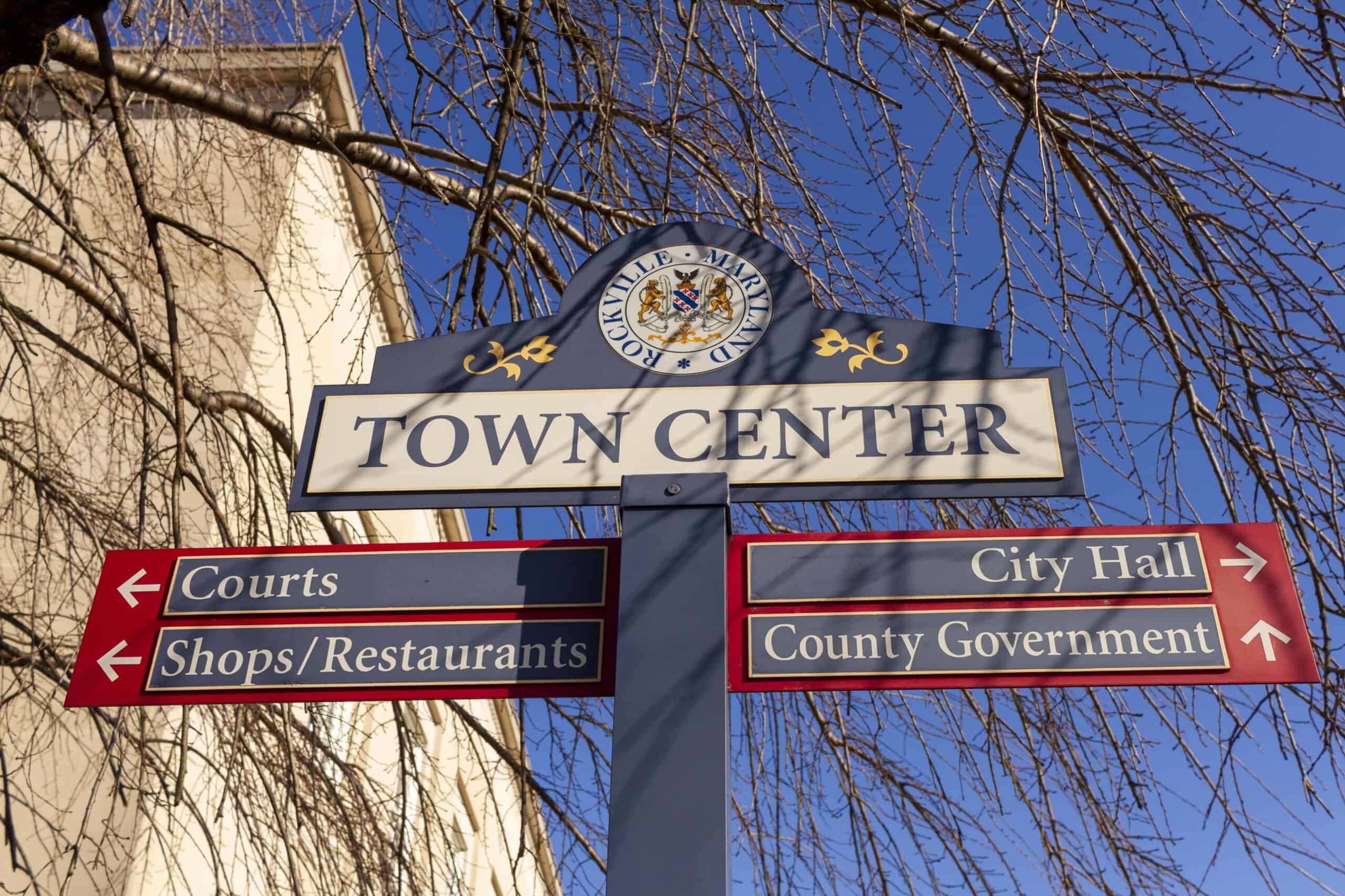 Rockville, Maryland | sign post located in the town center of Rockville, Maryland showing directions of shops, courts and government offices