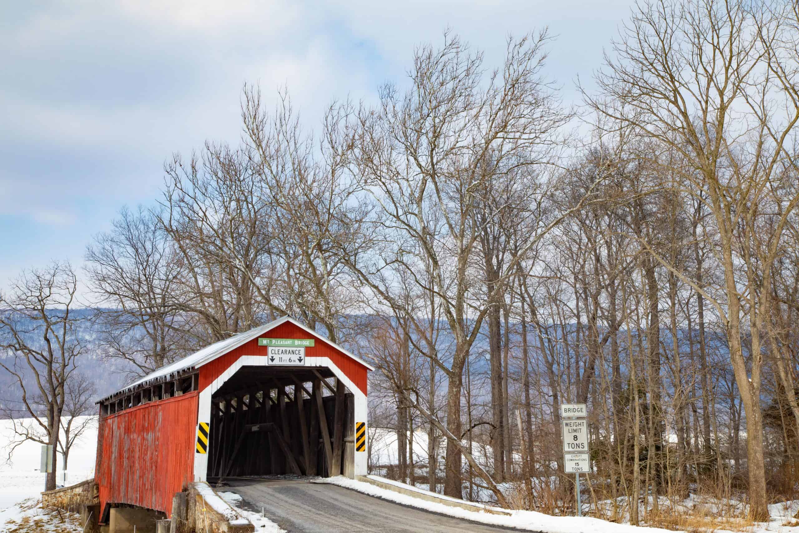 Perry, Pennsylvania | winter scene of Mt. Pleasant covered bridge in Perry County, PA