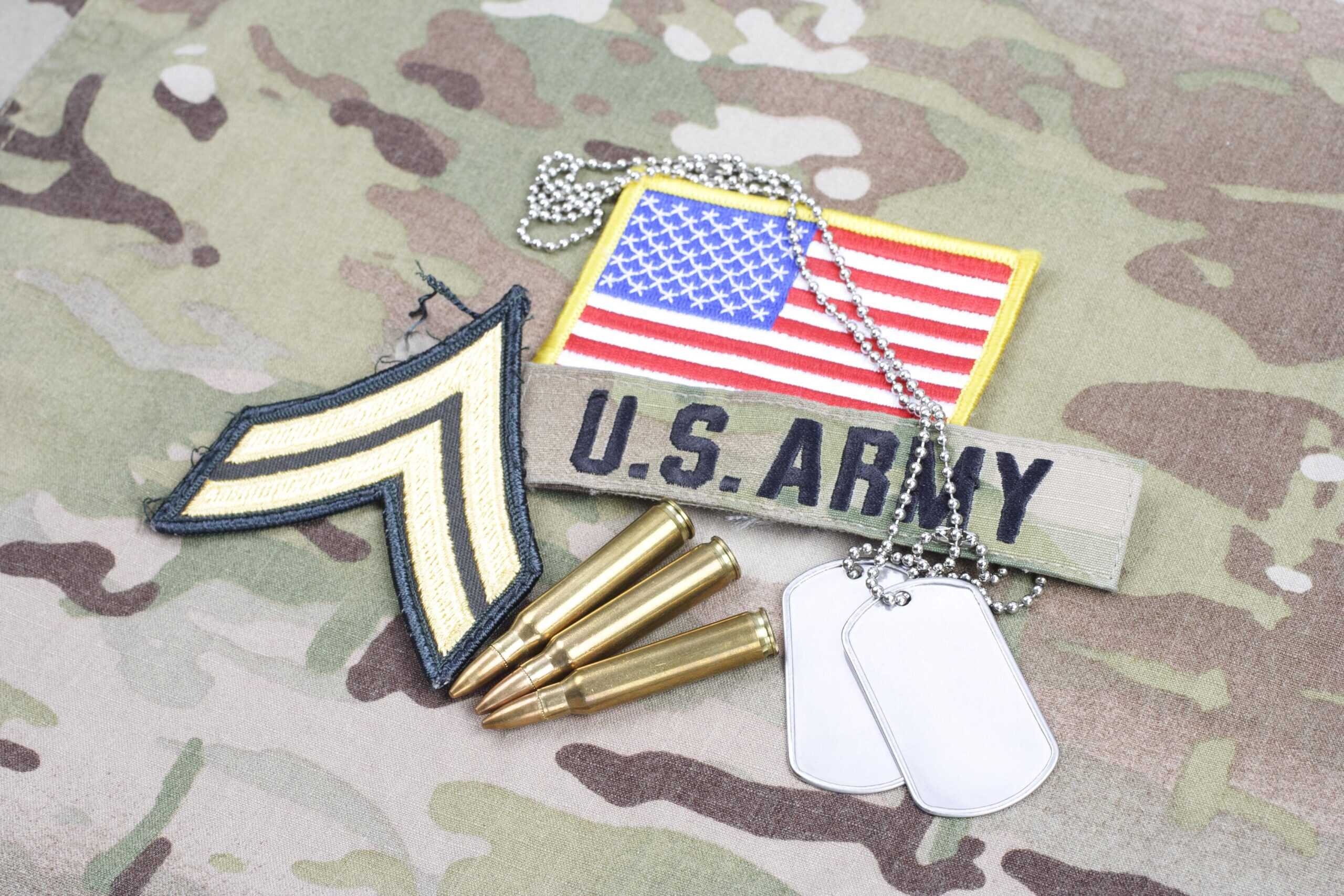 Army: Corporal | US ARMY Corporal rank patch, flag patch, with dog tag with 5.56 mm rounds on camouflage uniform