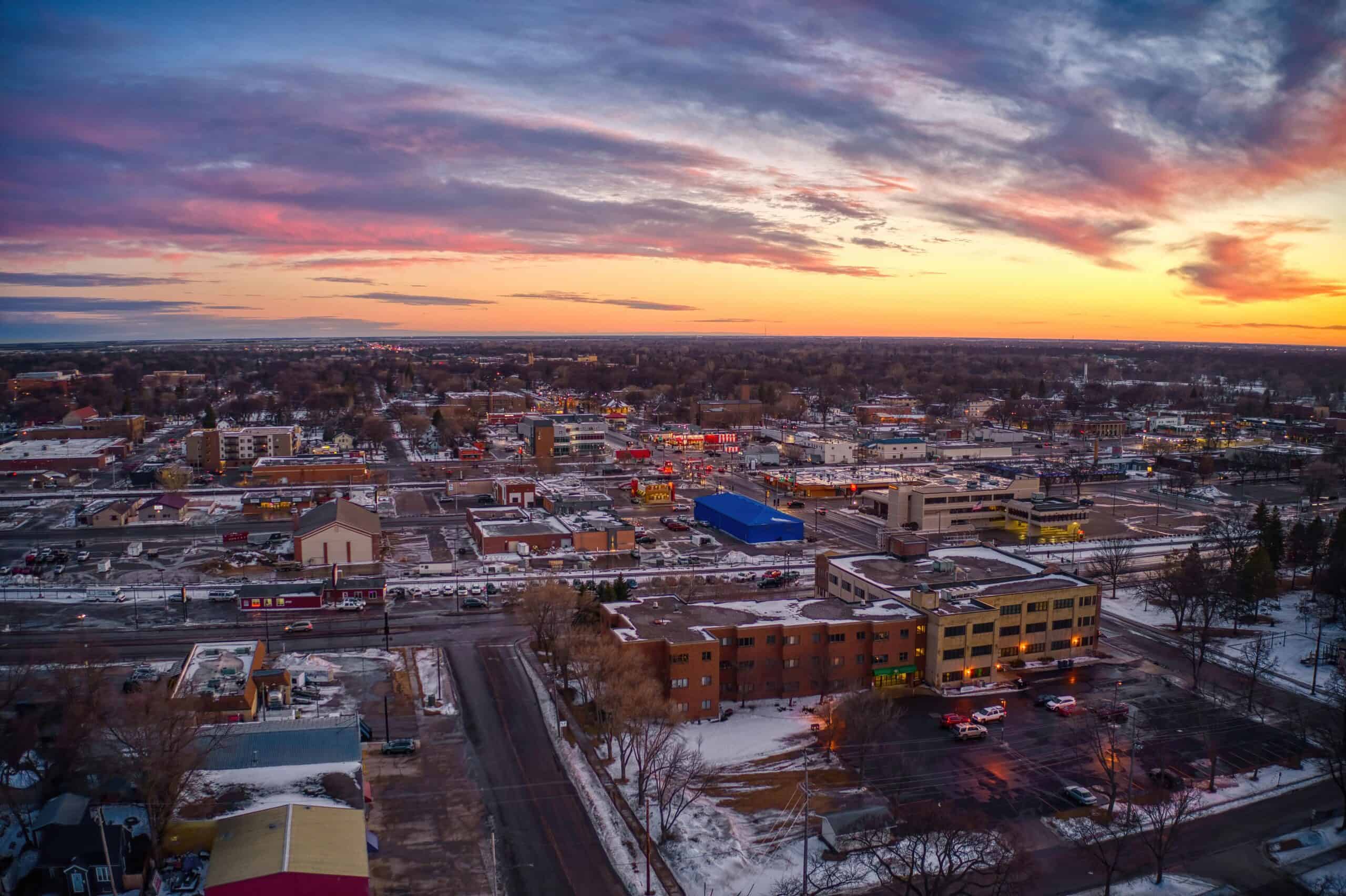 Moorhead, Minnesota | Aerial View of Downtown Moorhead, Minnesota at Dusk
